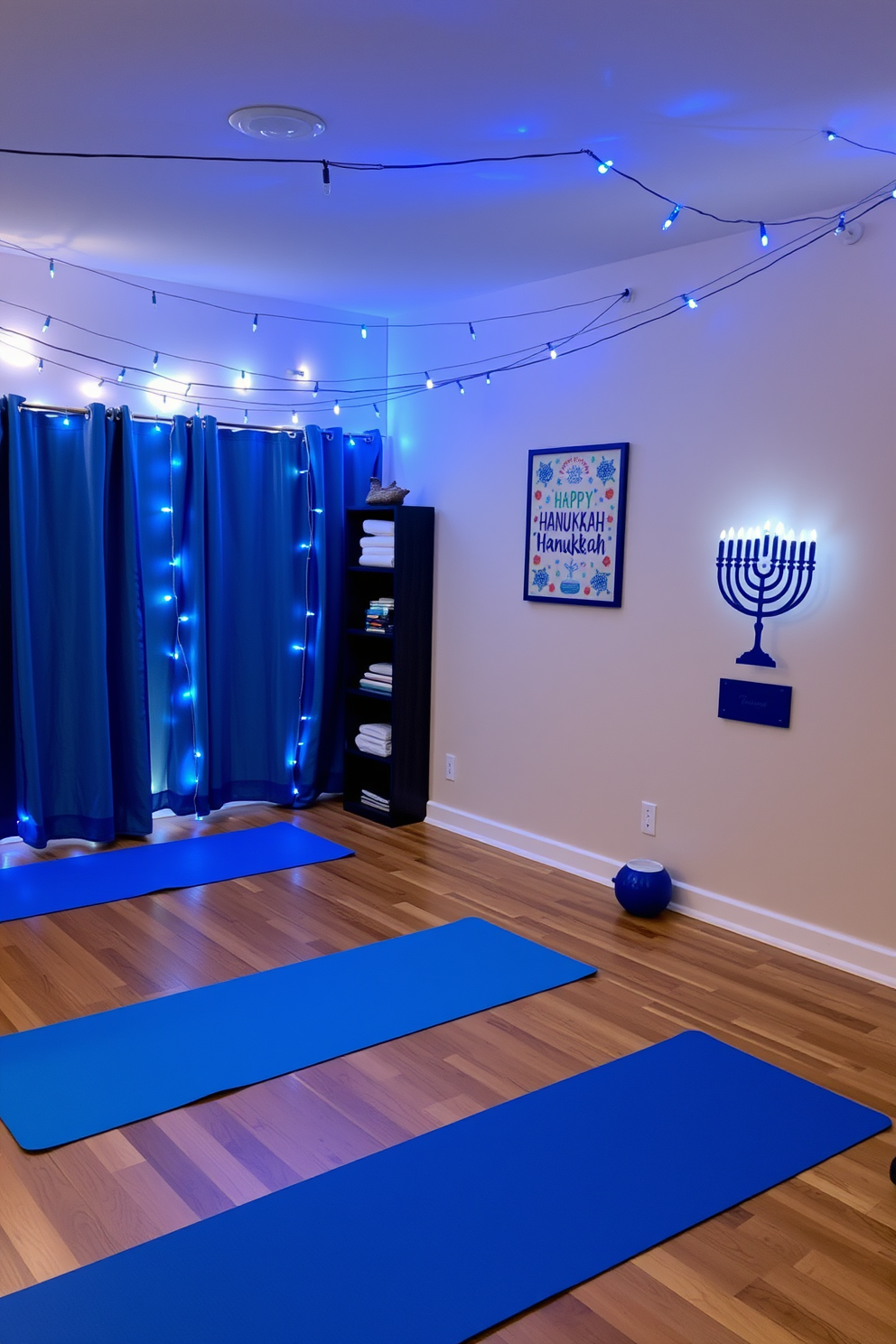 A cozy home gym decorated for Hanukkah. The space features festive yoga mats in shades of blue and silver, with a menorah placed on a shelf nearby. String lights in blue and white illuminate the room, creating a warm atmosphere. Hanukkah-themed wall art adds a cheerful touch to the vibrant decor.