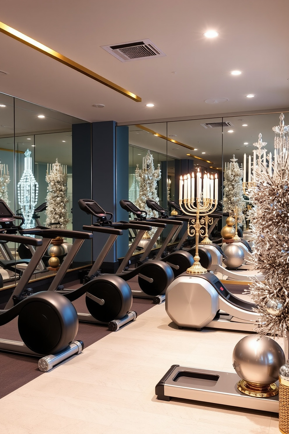 A home gym designed with gold and silver accents creates a luxurious and motivating space. Incorporate metallic finishes in the equipment, mirrors, and decor for a cohesive look. For Hanukkah decorating ideas, use a blend of traditional and modern elements to celebrate the holiday. Adorn the space with elegant menorahs, shimmering decorations, and soft, warm lighting to create a festive atmosphere.