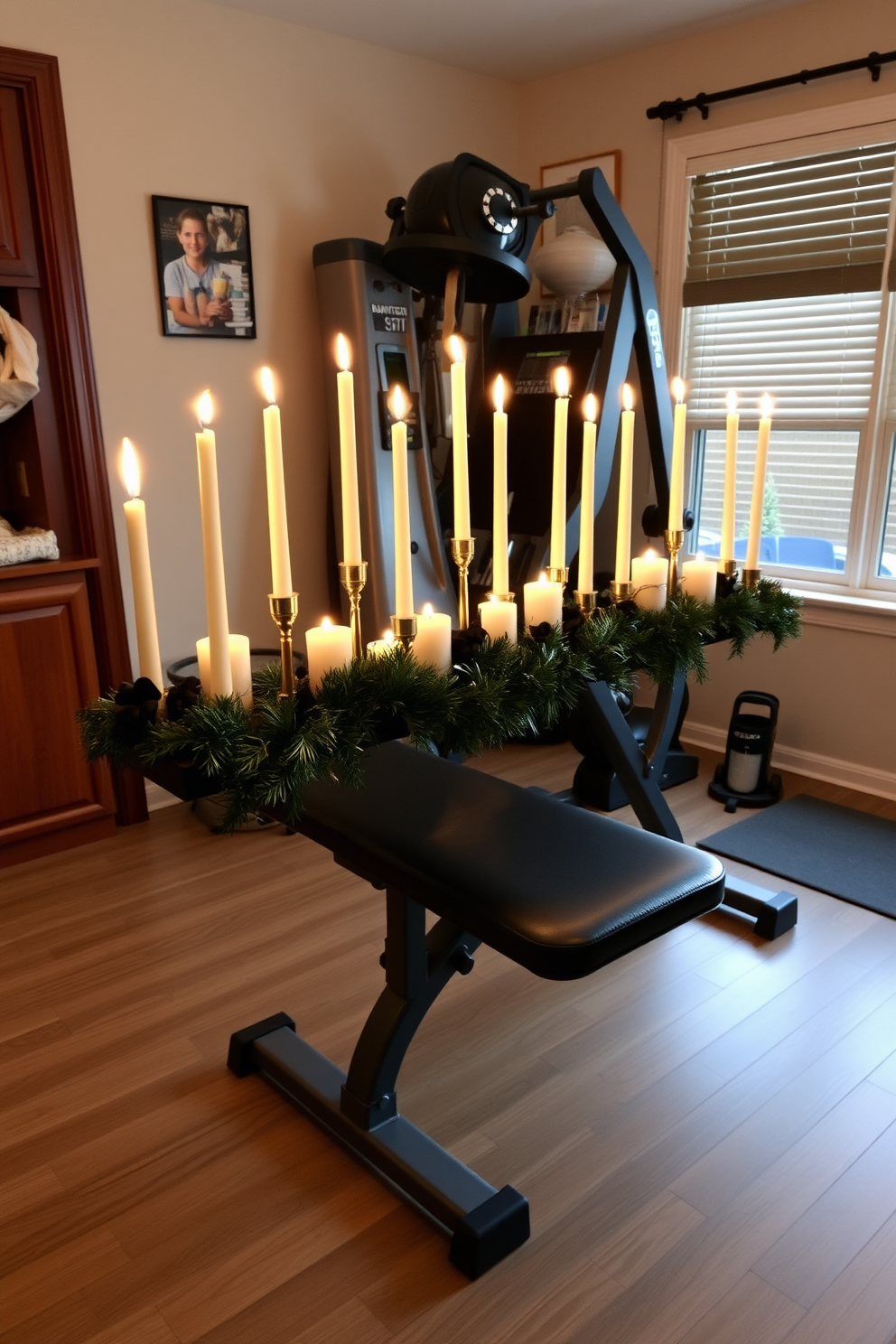 A cozy home gym setting decorated for Hanukkah. The workout bench is adorned with an array of candles in various heights, creating a warm and inviting atmosphere.