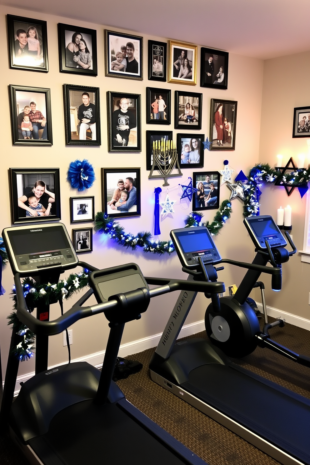 A cozy home gym decorated for Hanukkah. The walls are adorned with framed family photos from past Hanukkah celebrations, showcasing joyful moments and festive traditions. Bright blue and white accents are incorporated through decorative elements like menorahs and star of David ornaments. The space features exercise equipment alongside festive garlands and candles, creating a warm and inviting atmosphere.