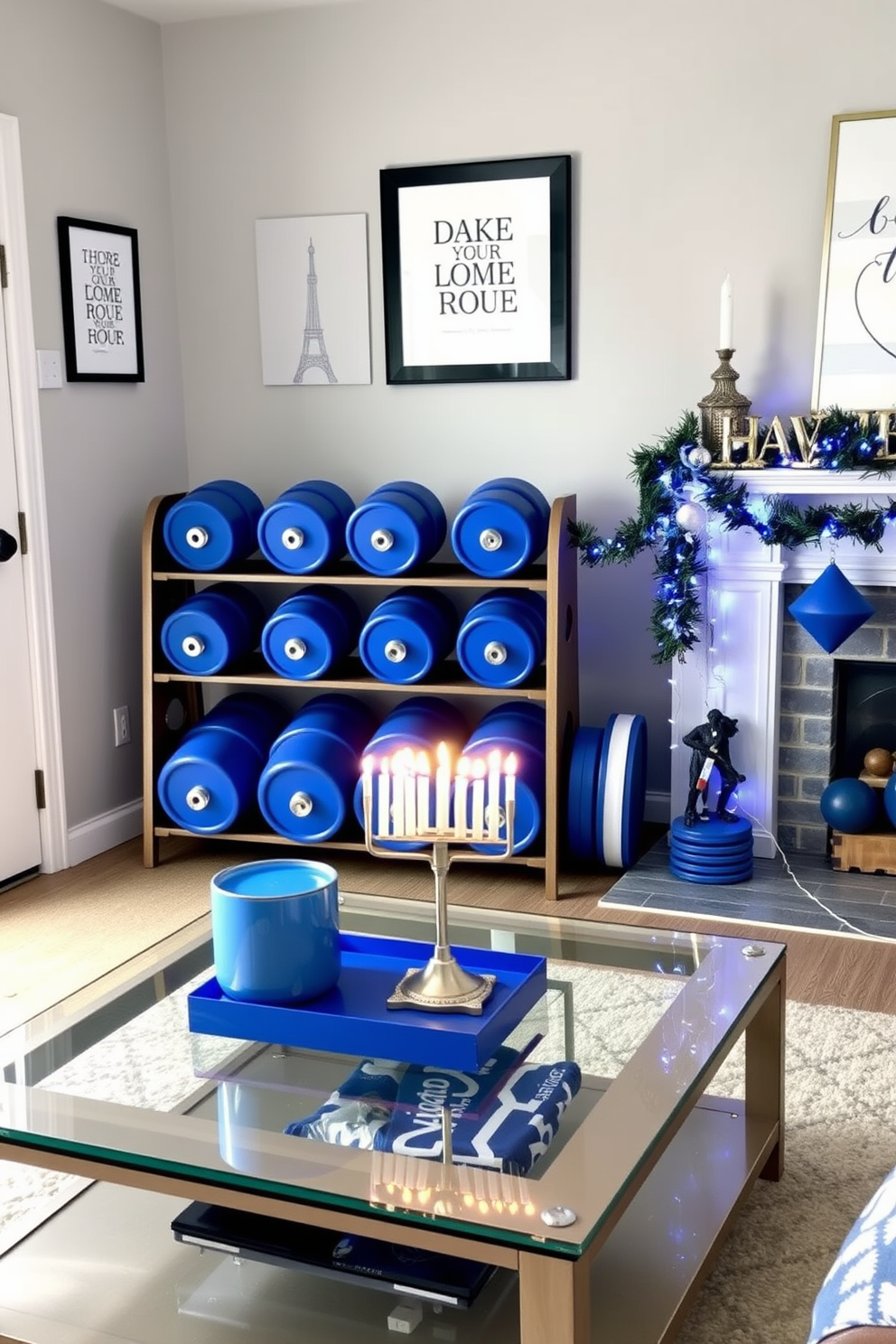 A modern home gym featuring blue and white weights arranged neatly on a sleek wooden rack. The walls are painted in a soft gray hue, and motivational artwork adorns the space, creating an inspiring workout environment. For Hanukkah decorating ideas, a cozy living room is adorned with blue and silver accents, including a beautifully lit menorah on a glass coffee table. Festive garlands of blue and white lights drape elegantly across the mantle, enhancing the warm ambiance.