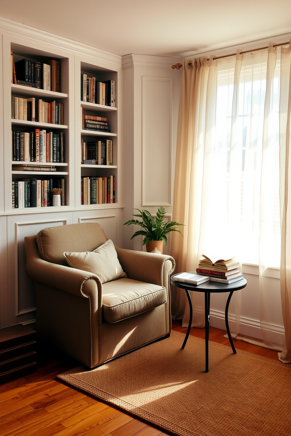 A cozy reading nook by the window features a plush armchair upholstered in soft fabric. A small side table holds a steaming cup of tea and a stack of well-loved books, while natural light floods the space through sheer curtains. The walls are lined with built-in bookshelves filled with a curated collection of novels and decorative items. A warm area rug adds texture to the hardwood floor, creating an inviting atmosphere perfect for curling up with a good book.