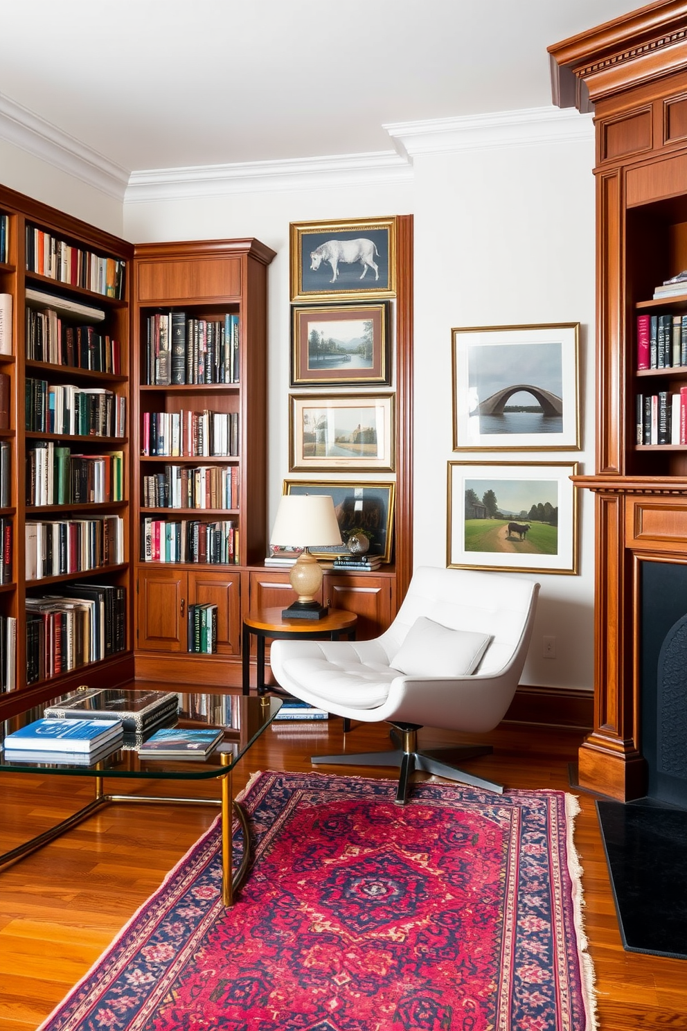 A cozy home library featuring a blend of traditional and contemporary furniture styles. A large wooden bookshelf filled with books lines one wall, while a sleek modern reading chair sits in the corner next to a glass coffee table. The walls are adorned with framed artwork that reflects both classic and modern themes. A vintage rug anchors the space, adding warmth and texture to the polished hardwood floor.