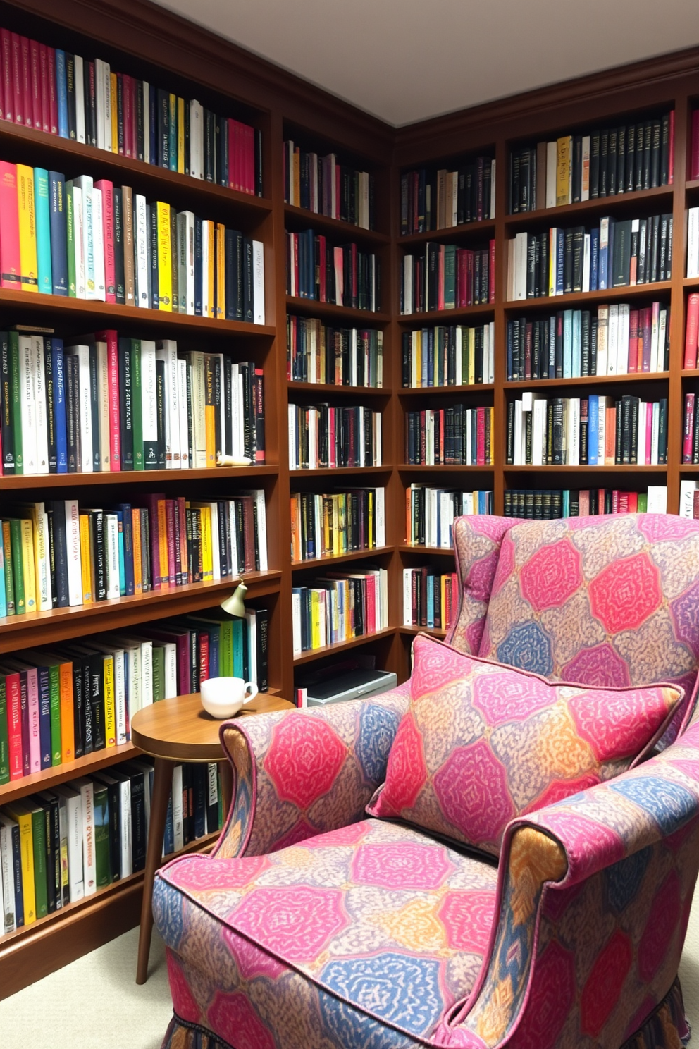 A cozy home library filled with colorful book spines arranged on wooden shelves. A plush reading chair in a vibrant fabric sits in the corner, accompanied by a small side table holding a steaming cup of tea.