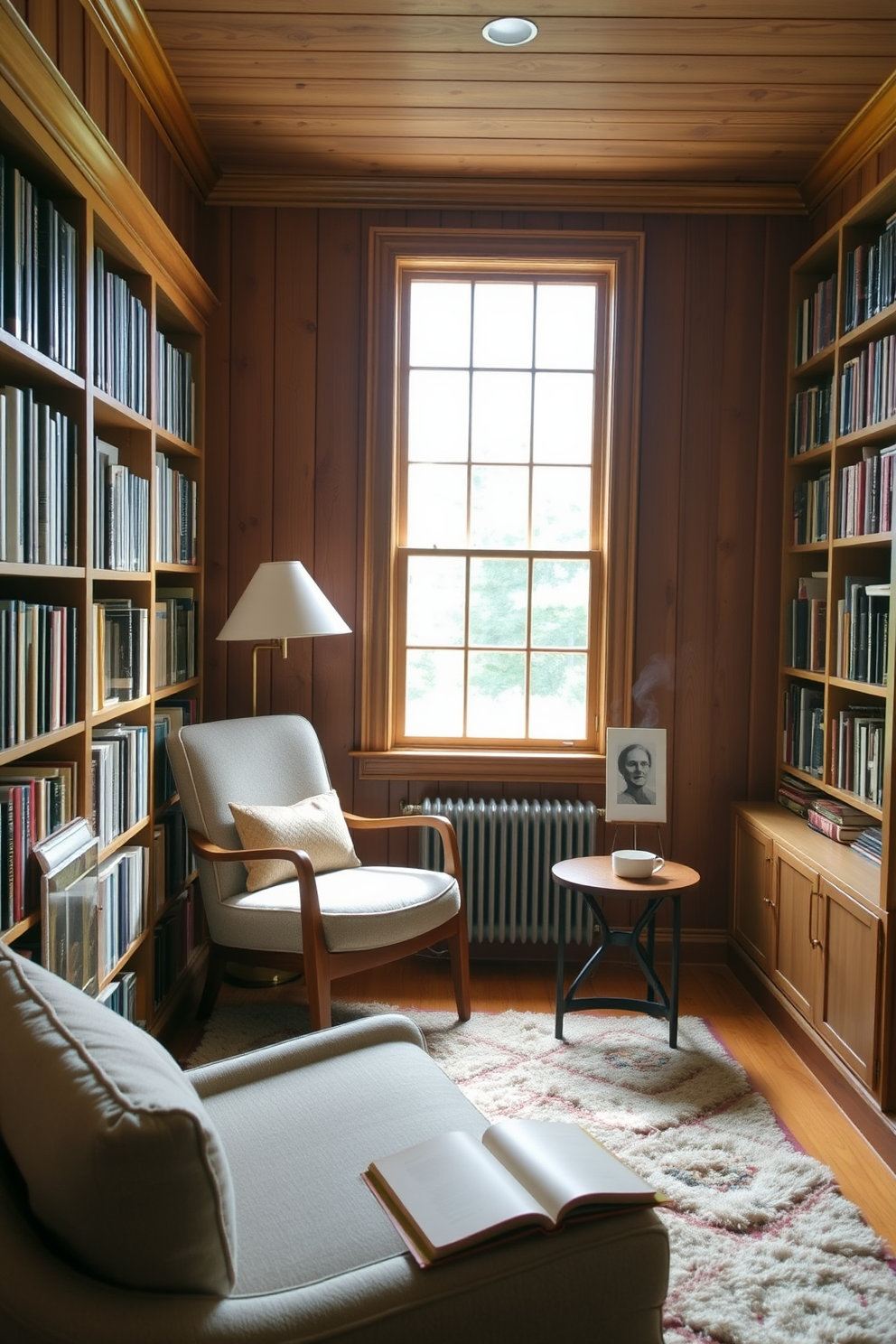 A cozy home library featuring natural wood finishes that create a warm and inviting atmosphere. The shelves are filled with books, and a comfortable reading chair is positioned near a window to allow for ample natural light. Rich wooden paneling lines the walls, complemented by a plush area rug that adds texture to the space. A small side table holds a steaming cup of tea, inviting you to settle in and enjoy a good book.