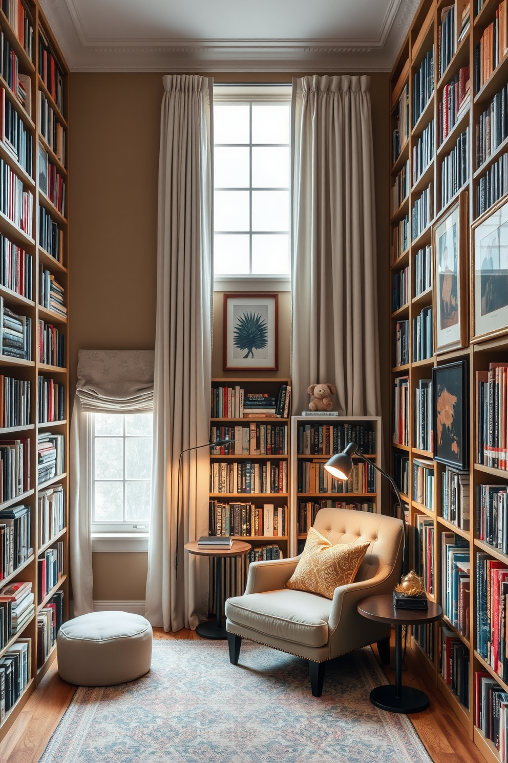 A cozy home library featuring floor-to-ceiling bookshelves filled with an eclectic mix of books. A plush reading nook is nestled in the corner with a comfortable armchair and a small side table, illuminated by a stylish floor lamp. The walls are painted in a warm, inviting color, adorned with artistic prints that inspire creativity. A large window allows natural light to flood the space, complemented by soft, layered curtains for a touch of elegance.