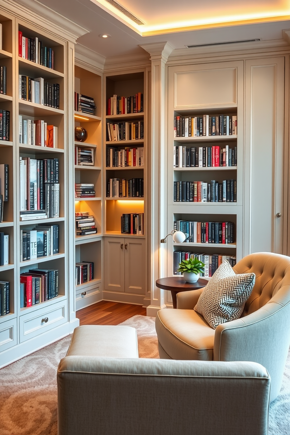 A cozy home library with hidden storage solutions for a clean and organized look. The design features built-in bookshelves that blend seamlessly into the walls, with discreet compartments for storing items out of sight. Plush seating invites relaxation, with a large armchair and a small side table for reading. Soft, ambient lighting highlights the space, creating a warm and inviting atmosphere for book lovers.