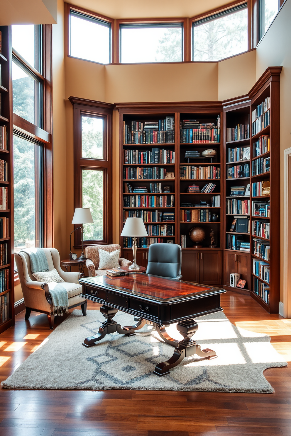 A cozy home library with floor-to-ceiling windows allowing natural light to flood the space. The room features rich wooden bookshelves filled with an array of books and a plush reading nook with a comfortable armchair and soft throw blanket. A large, elegant wooden desk sits in the center, accompanied by a stylish desk lamp and a few decorative items. The walls are painted in a warm, inviting color, complemented by a soft area rug that adds warmth to the hardwood floor.