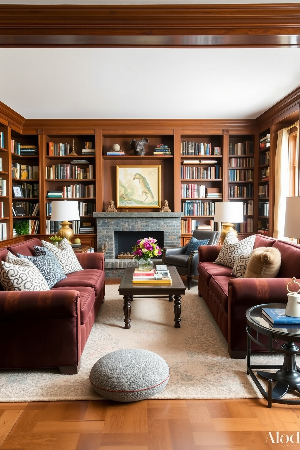 A cozy home library with layered textiles for added comfort. Plush sofas adorned with a mix of patterned and solid throw pillows create an inviting seating area. Rich wooden bookshelves line the walls, filled with an eclectic collection of books and decorative items. A soft area rug anchors the space, while warm lighting from stylish lamps enhances the cozy atmosphere.