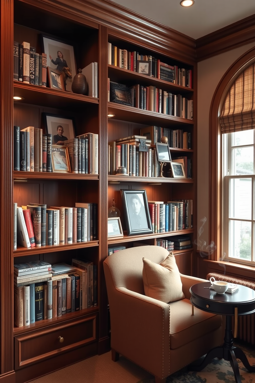 A cozy home library featuring personalized book displays on elegant wooden shelves. The shelves are filled with an array of books organized by color and size, complemented by decorative objects and framed photos. Soft, ambient lighting illuminates the space, creating a warm and inviting atmosphere. A plush reading chair is positioned near a large window, with a small side table holding a steaming cup of tea.