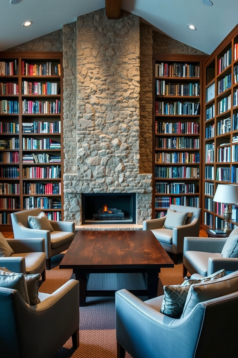 A cozy fireplace nestled in a stone wall creates an inviting focal point in the room. Soft armchairs are arranged around the fireplace, providing a perfect spot for reading and relaxation. The home library features floor-to-ceiling bookshelves filled with a diverse collection of books. A large wooden table sits in the center, surrounded by comfortable seating, ideal for study and conversation.