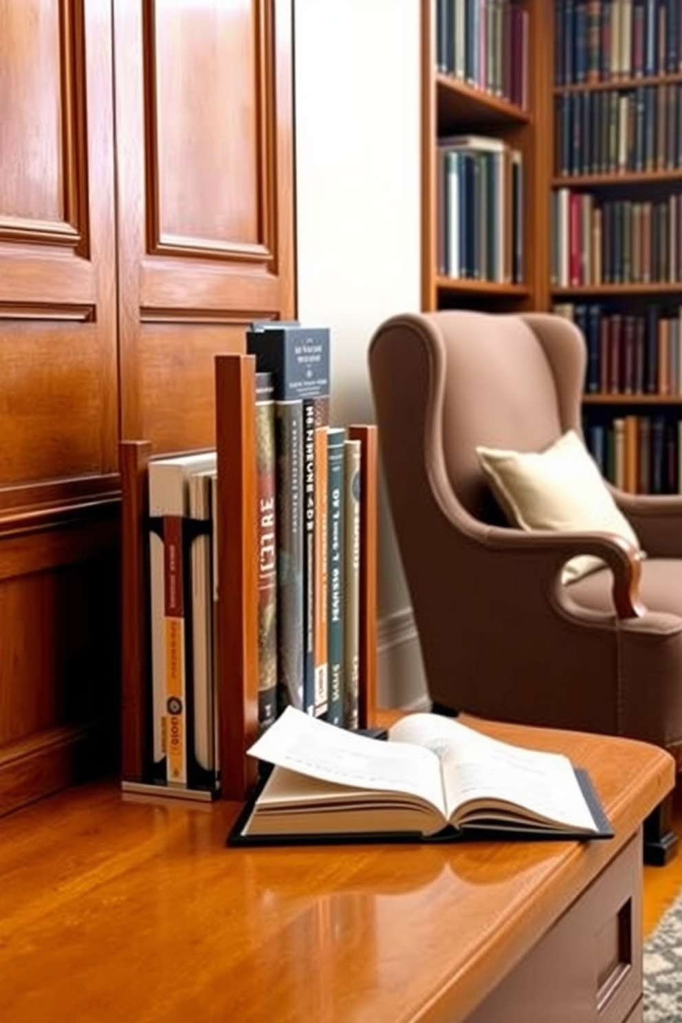 A cozy home library featuring stylish bookends made of polished wood and metal, elegantly holding a collection of books. The shelves are lined with warm-toned wooden panels, and a plush armchair sits nearby, inviting readers to relax with a good book.