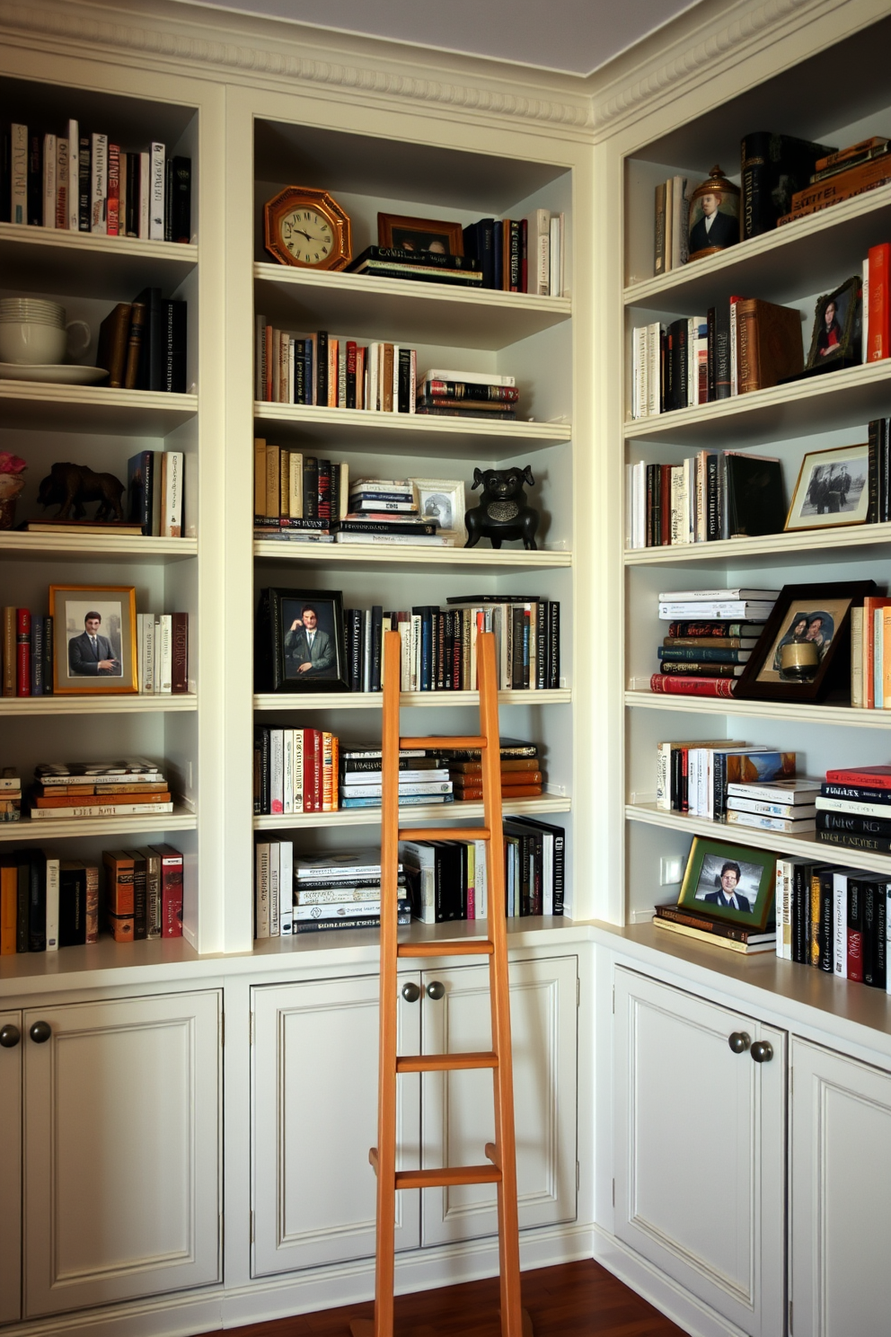 A cozy home library featuring built-in shelves that reach from floor to ceiling. A stylish wooden ladder is positioned against the shelves, allowing easy access to the upper books. The shelves are filled with an array of books, decorative items, and framed photographs. Soft lighting illuminates the space, creating a warm and inviting atmosphere for reading and relaxation.