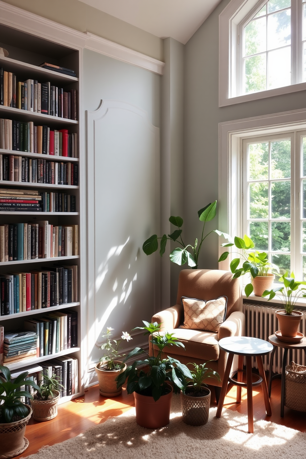 A cozy home library filled with natural light. Shelves lined with books create an inviting atmosphere, while a large window offers a view of greenery outside. A plush armchair sits in the corner, accompanied by a small side table. Potted plants are strategically placed throughout the room, adding a fresh touch and enhancing the tranquility of the space.