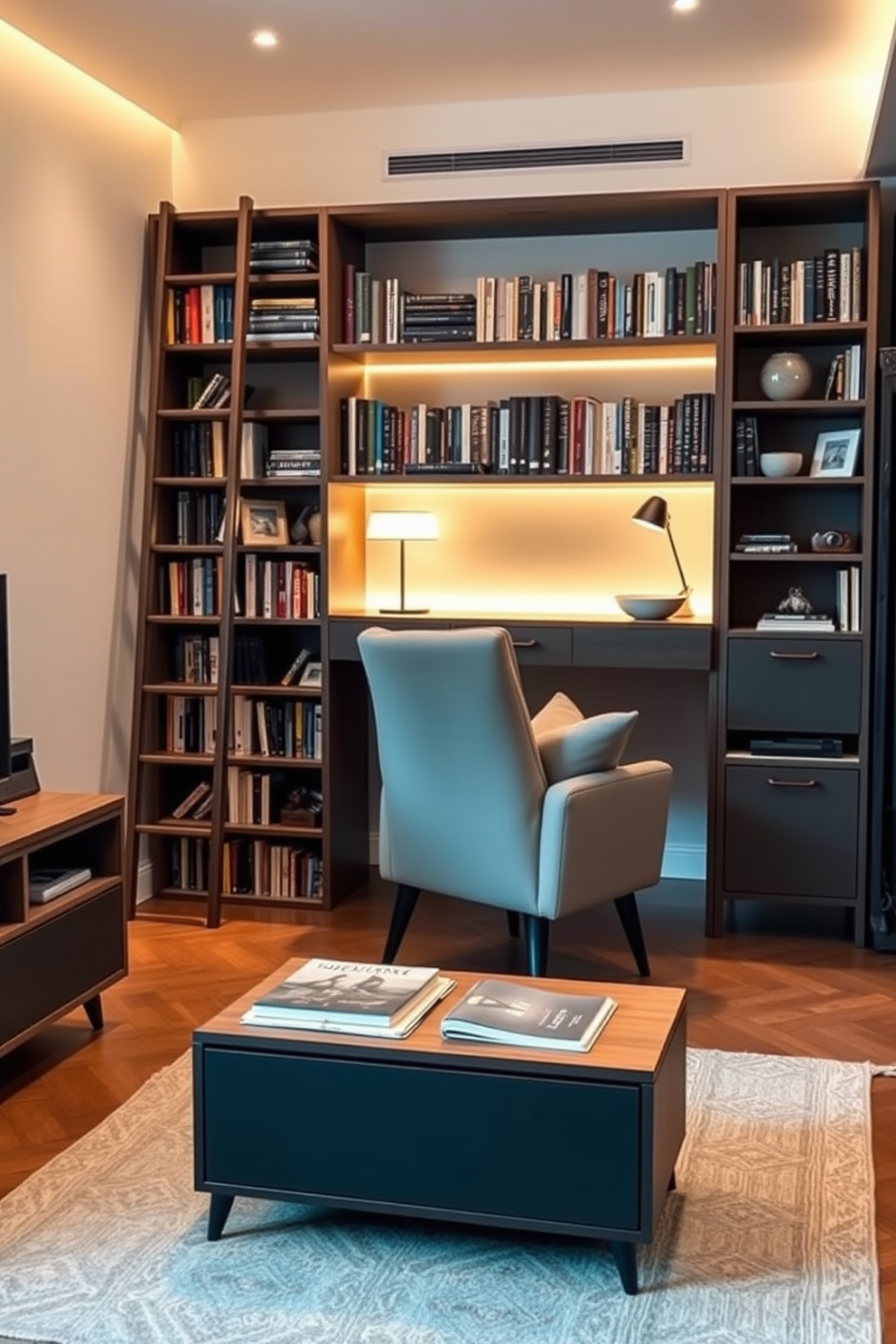 A cozy home library featuring multifunctional furniture. A sleek bookshelf doubles as a ladder and a desk, with a comfortable armchair nestled in the corner, perfect for reading. Soft ambient lighting illuminates the space, creating a warm atmosphere. A compact coffee table with hidden storage sits in front of the armchair, maximizing functionality without sacrificing style.