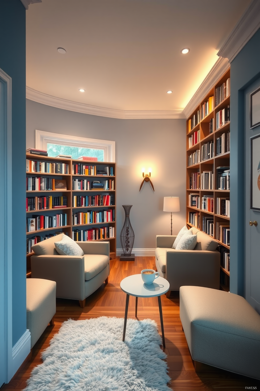 A serene home library designed as a quiet corner with noise-canceling features. The space includes plush seating, a large bookshelf filled with books, and soft ambient lighting to create a cozy atmosphere. The walls are painted in a calming blue hue, and a thick rug covers the hardwood floor for added comfort. A small side table holds a steaming cup of tea, inviting relaxation and focus in this tranquil reading nook.