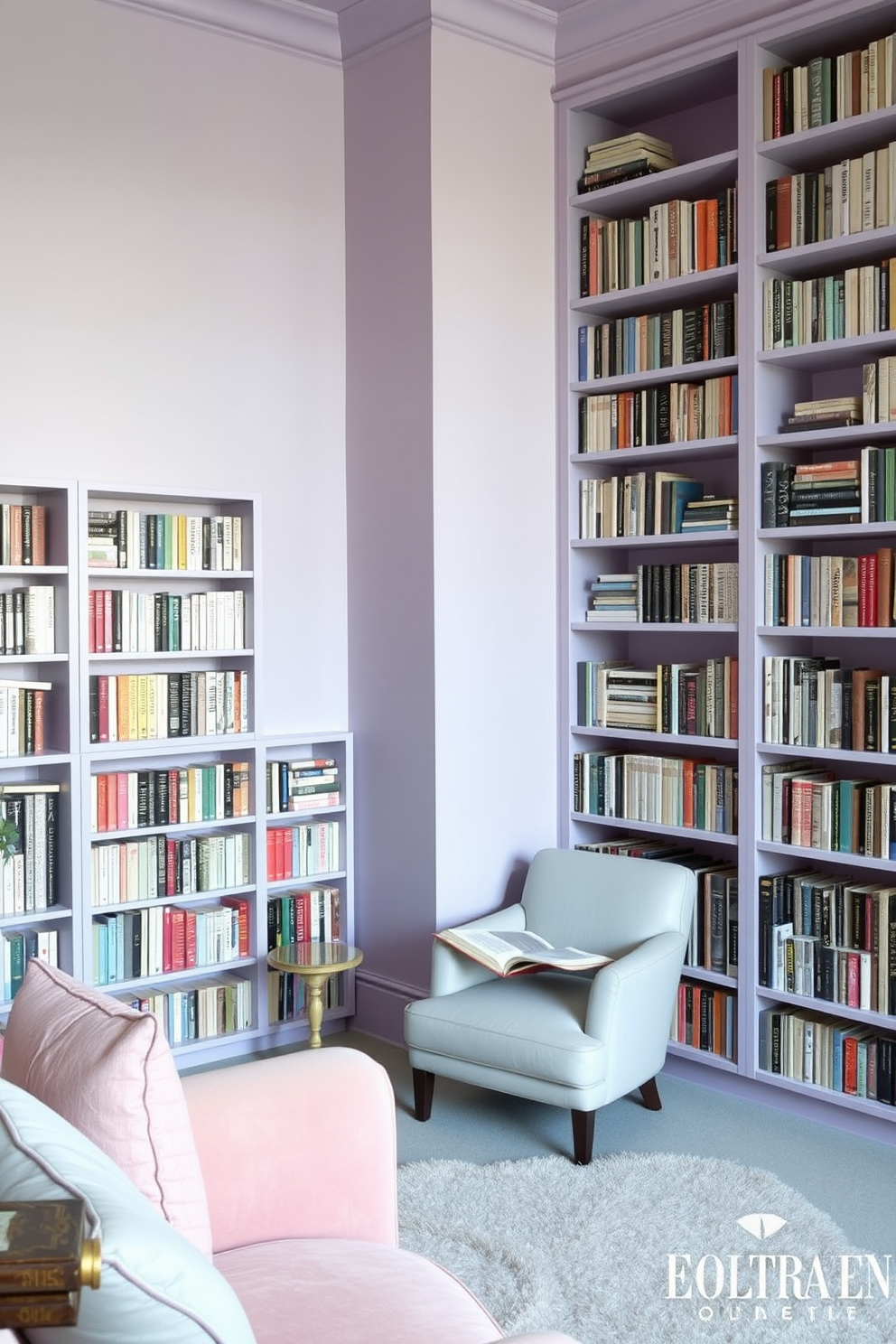 A serene home library bathed in soft pastel hues creates a calming atmosphere. The walls are painted in a gentle lavender shade, while plush seating in light pink invites relaxation. Bookshelves lined with pastel-colored books stretch from floor to ceiling, providing ample storage and display space. A cozy reading nook with a pastel blue armchair and a small side table offers the perfect spot for enjoying a good book.