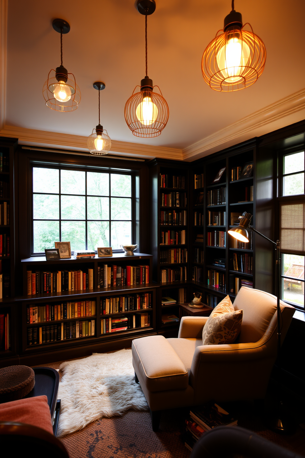 A cozy home library featuring creative lighting fixtures as focal points. The room is adorned with plush seating, dark wooden shelves filled with books, and a large window allowing natural light to filter in. Unique pendant lights hang from the ceiling, casting a warm glow over the reading areas. A stylish floor lamp stands next to a comfortable armchair, inviting you to curl up with a good book.