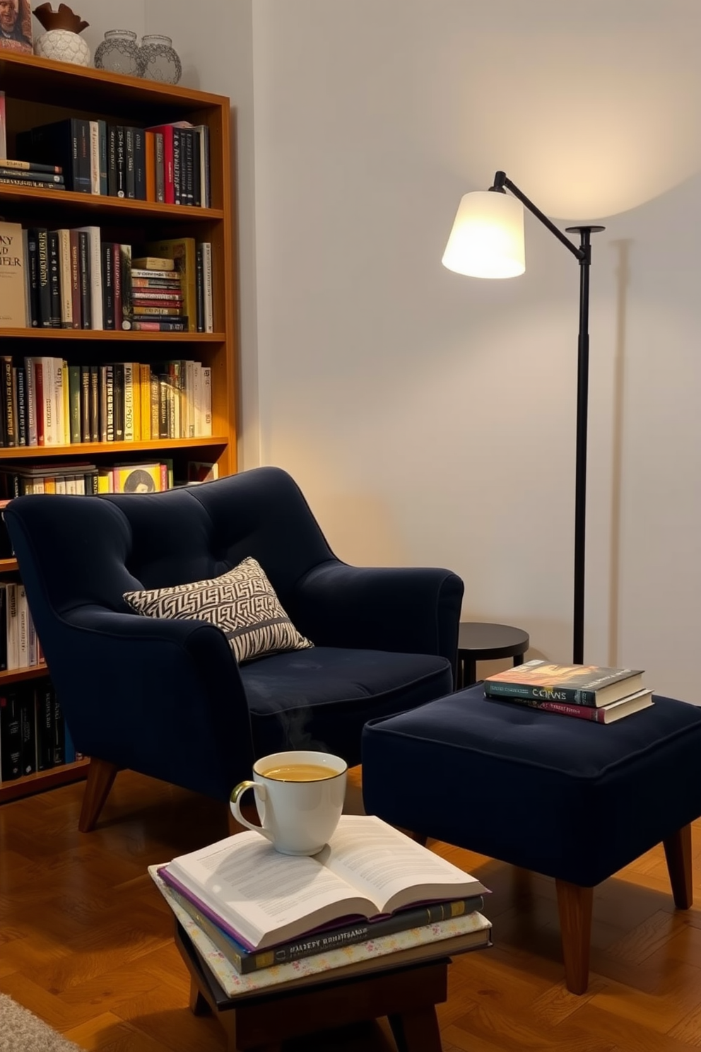 A cozy home library setting featuring a plush reading chair paired with a matching ottoman. The chair is upholstered in a rich navy fabric, positioned next to a wooden bookshelf filled with an array of books and decorative items. Soft ambient lighting illuminates the space, with a stylish floor lamp casting a warm glow over the reading area. A small side table beside the chair holds a steaming cup of tea and a stack of well-loved novels, inviting relaxation and comfort.