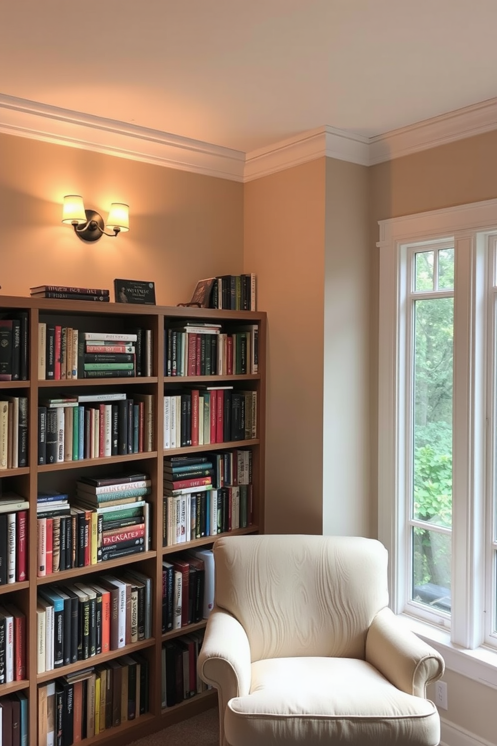 A cozy home library with wall-mounted lighting fixtures that illuminate the shelves filled with books. The walls are painted in a soft beige tone, and a comfortable reading nook with a plush armchair is placed beside a large window.