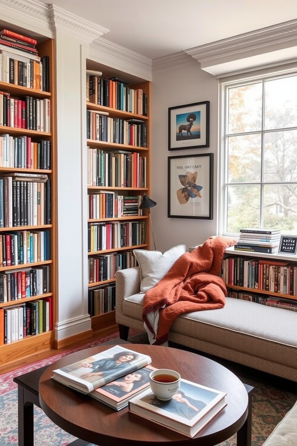 A cozy home library featuring a curated collection of art and books. The walls are lined with floor-to-ceiling bookshelves filled with an array of colorful volumes and framed artwork. A plush reading nook is positioned by a large window, adorned with soft cushions and a warm throw blanket. A stylish coffee table sits in front, displaying a few art books and a steaming cup of tea.