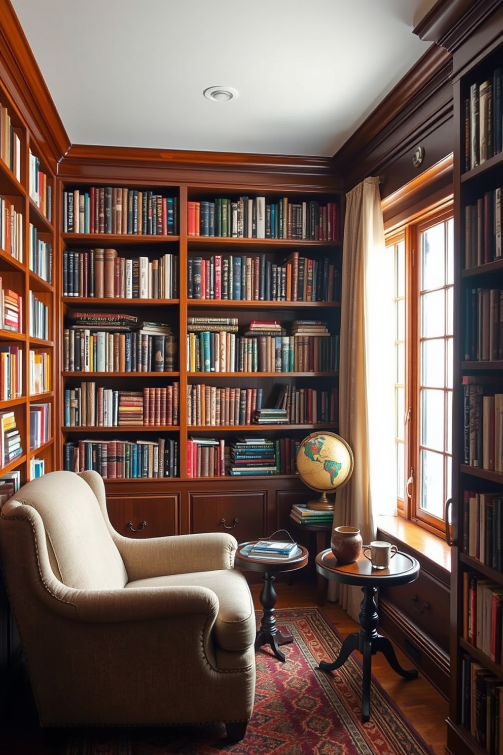 A cozy home library with rich wooden bookshelves lining the walls filled with an array of books. A large, plush armchair is positioned in the corner next to a small side table, creating a perfect reading nook. Natural light filters through a large window adorned with sheer curtains, illuminating the space. A vintage globe and a few decorative items sit on the shelves, adding character and warmth to the room.