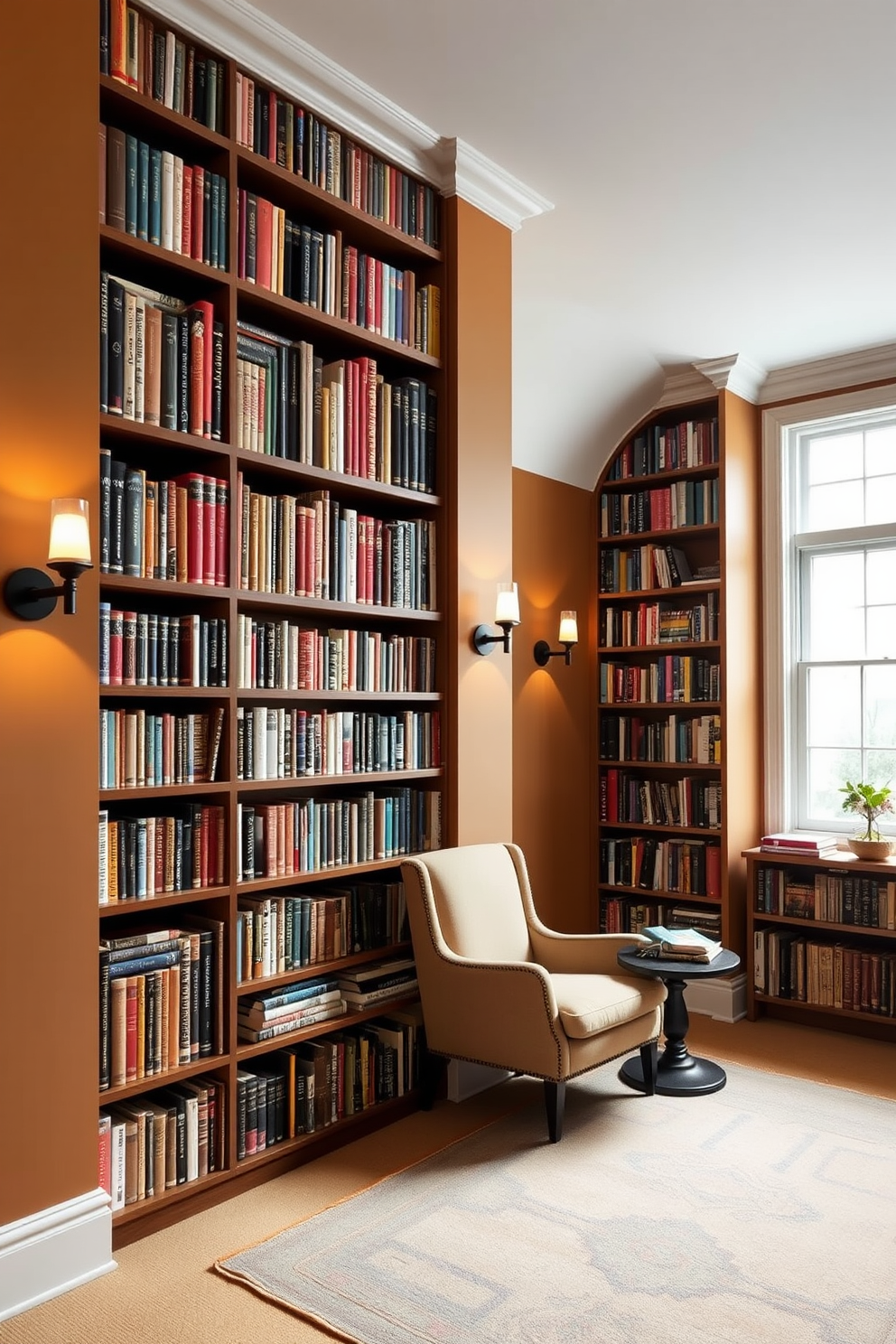 A cozy home library featuring floor-to-ceiling shelves filled with color-coordinated books that create a visually striking display. A comfortable reading nook with a plush armchair and a small side table sits beside a large window, allowing natural light to flood the space. The walls are painted in a warm, inviting tone, enhancing the overall atmosphere of the room. Soft, ambient lighting from stylish sconces adds a touch of elegance, making it the perfect retreat for book lovers.