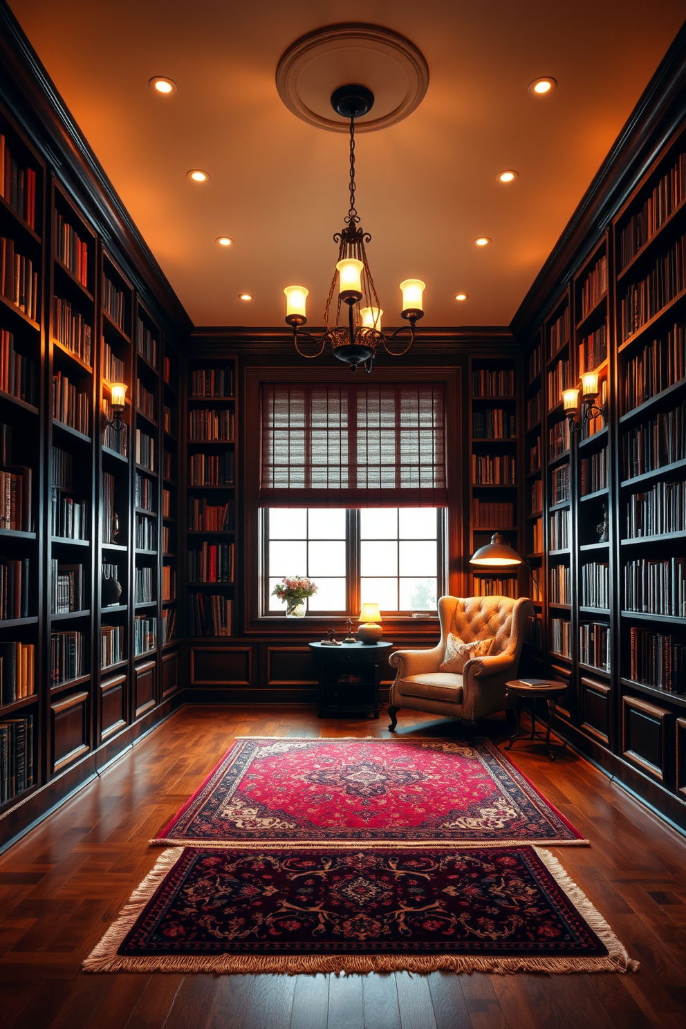 A cozy home library with warm lighting that creates an inviting ambiance. The walls are lined with dark wooden bookshelves filled with books, and a plush armchair sits in the corner next to a small reading lamp. A large window allows natural light to filter in, complemented by soft, layered lighting from sconces and a central chandelier. A rich, patterned rug covers the hardwood floor, adding warmth and texture to the space.