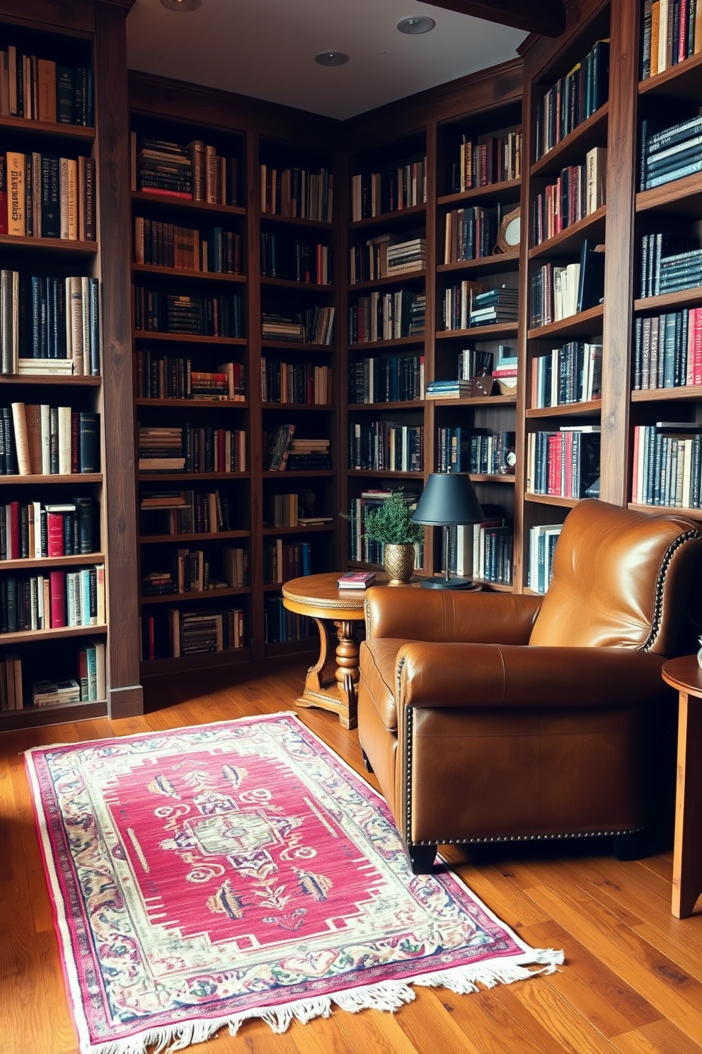 A cozy home library features reclaimed wood bookshelves filled with an array of books. A large, comfortable leather armchair sits in the corner, accompanied by a small wooden side table. Soft, warm lighting illuminates the space, creating an inviting atmosphere. A vintage rug with earthy tones lies on the hardwood floor, adding to the rustic charm.