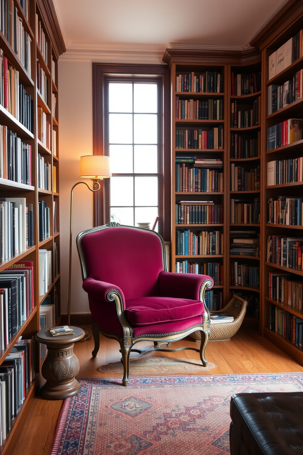 A vintage armchair upholstered in rich burgundy fabric sits invitingly in a cozy corner of the home library. Surrounding the armchair are tall wooden bookshelves filled with an eclectic collection of books, and a warm, ambient light casts a soft glow over the space.