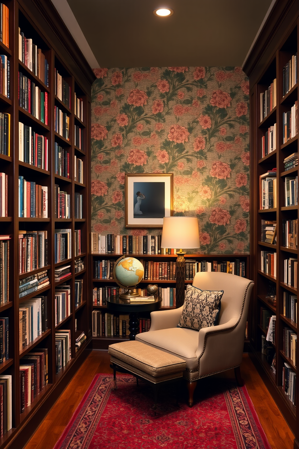 A cozy home library featuring an accent wall adorned with bold floral wallpaper. The room is filled with floor-to-ceiling bookshelves made of dark wood, and a plush armchair is positioned in the corner next to a small side table. Soft, warm lighting illuminates the space, creating an inviting atmosphere for reading. A vintage globe and a few decorative bookends add character to the shelves, while a rich area rug anchors the seating area.