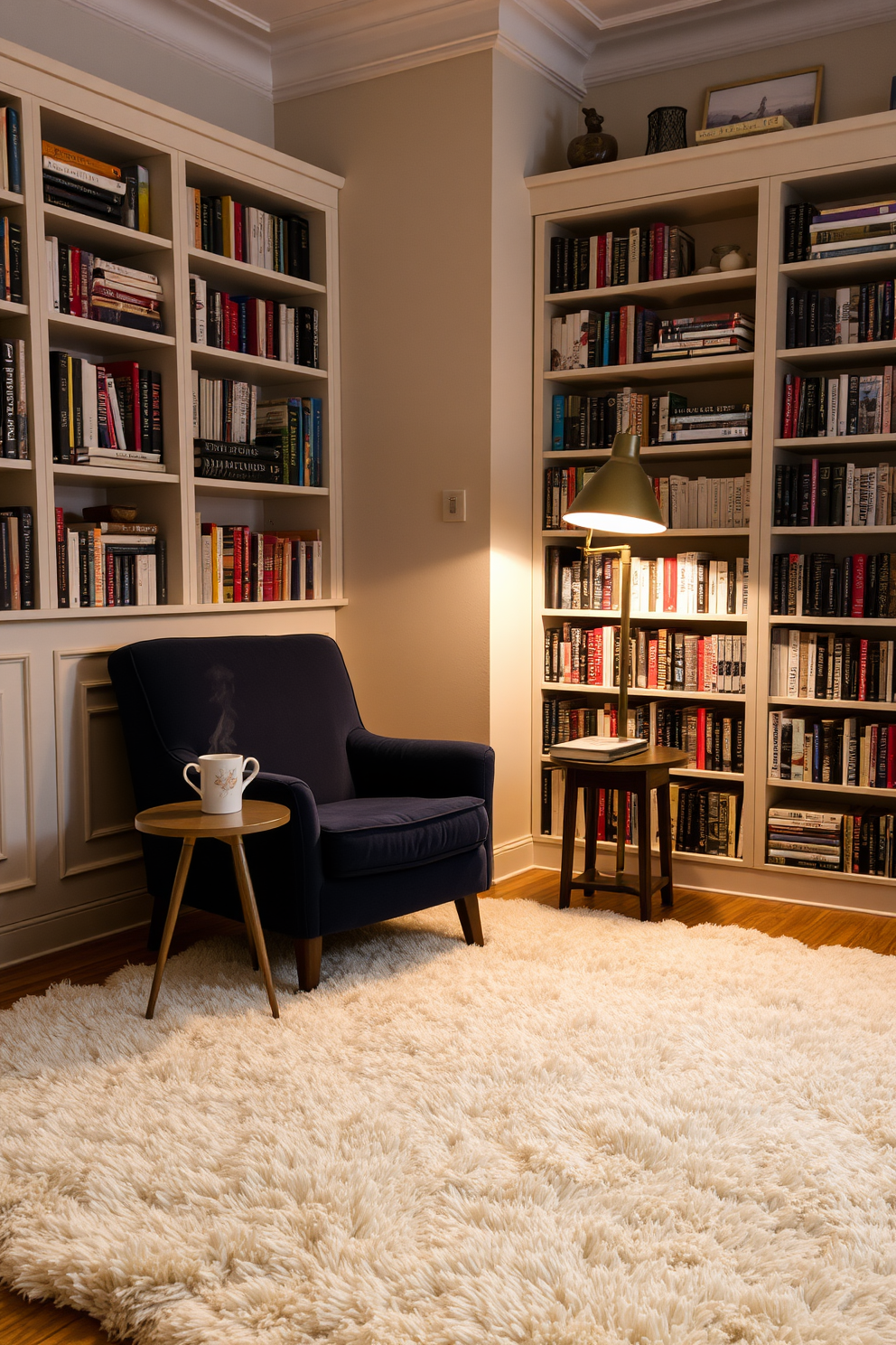 A cozy reading corner featuring a plush, oversized rug in soft cream tones. Nestled in the corner is a comfortable armchair upholstered in a rich navy fabric, accompanied by a small side table holding a steaming cup of tea. The walls are lined with bookshelves filled with an eclectic mix of books and decorative items. A warm floor lamp casts a soft glow, creating an inviting atmosphere perfect for curling up with a good book.