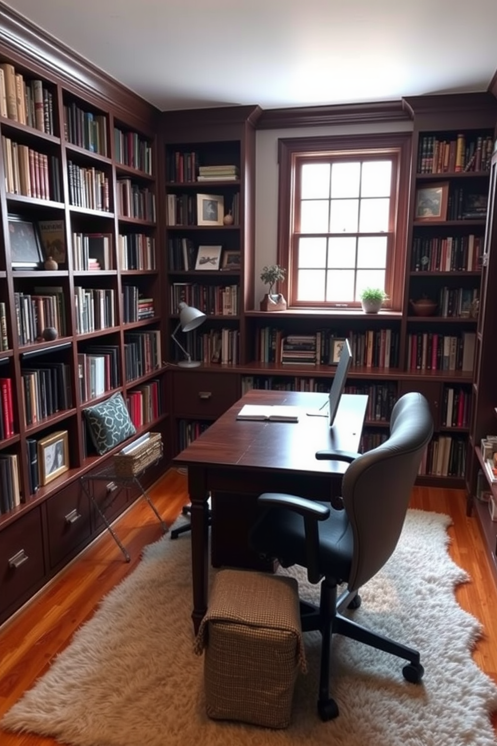 A cozy home library featuring a dedicated desk for work and reading. The desk is made of dark wood and has a comfortable ergonomic chair, positioned near a large window that lets in natural light. Bookshelves line the walls, filled with a variety of books and decorative items. A plush area rug lies beneath the desk, and a small reading nook with a comfortable armchair and a floor lamp is tucked into one corner.