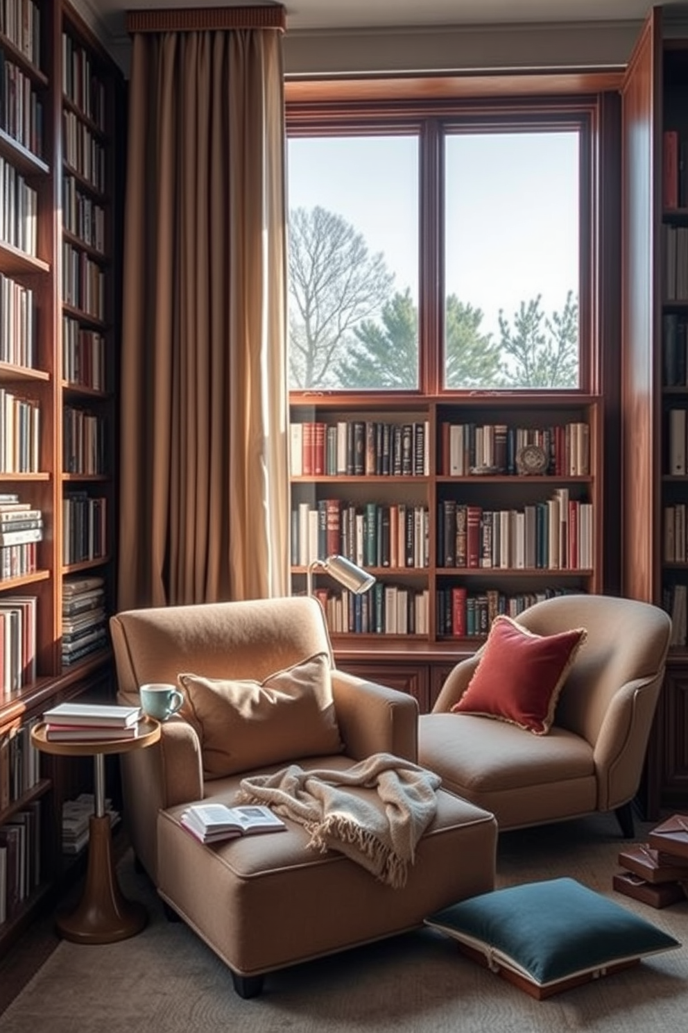 A cozy reading nook by the window features a plush armchair upholstered in soft fabric. A small side table holds a steaming cup of tea and a stack of books, while a warm throw blanket drapes over the arm of the chair. The home library is designed with floor-to-ceiling bookshelves filled with an array of books. A comfortable chaise lounge invites relaxation, and a large window allows natural light to flood the space, creating an inviting atmosphere for reading and study.