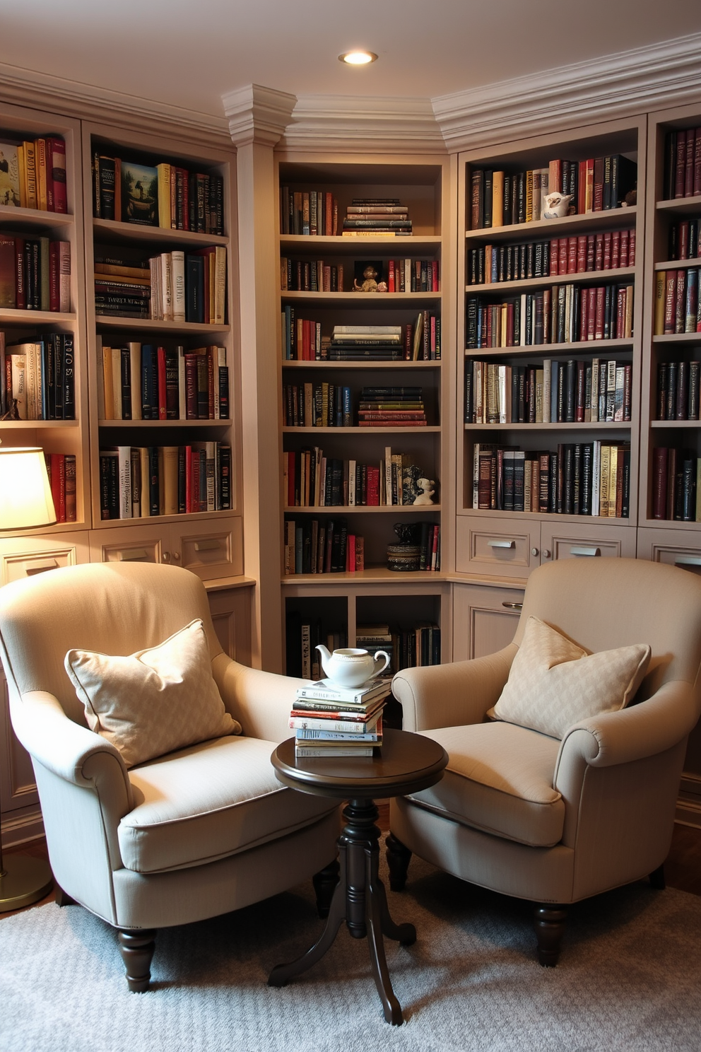 A cozy reading corner featuring two plush armchairs upholstered in soft fabric. A small side table sits between the chairs, topped with a stack of books and a steaming cup of tea. The walls are lined with built-in bookshelves filled with an array of books and decorative items. Soft lighting from a floor lamp creates a warm and inviting atmosphere for reading and relaxation.