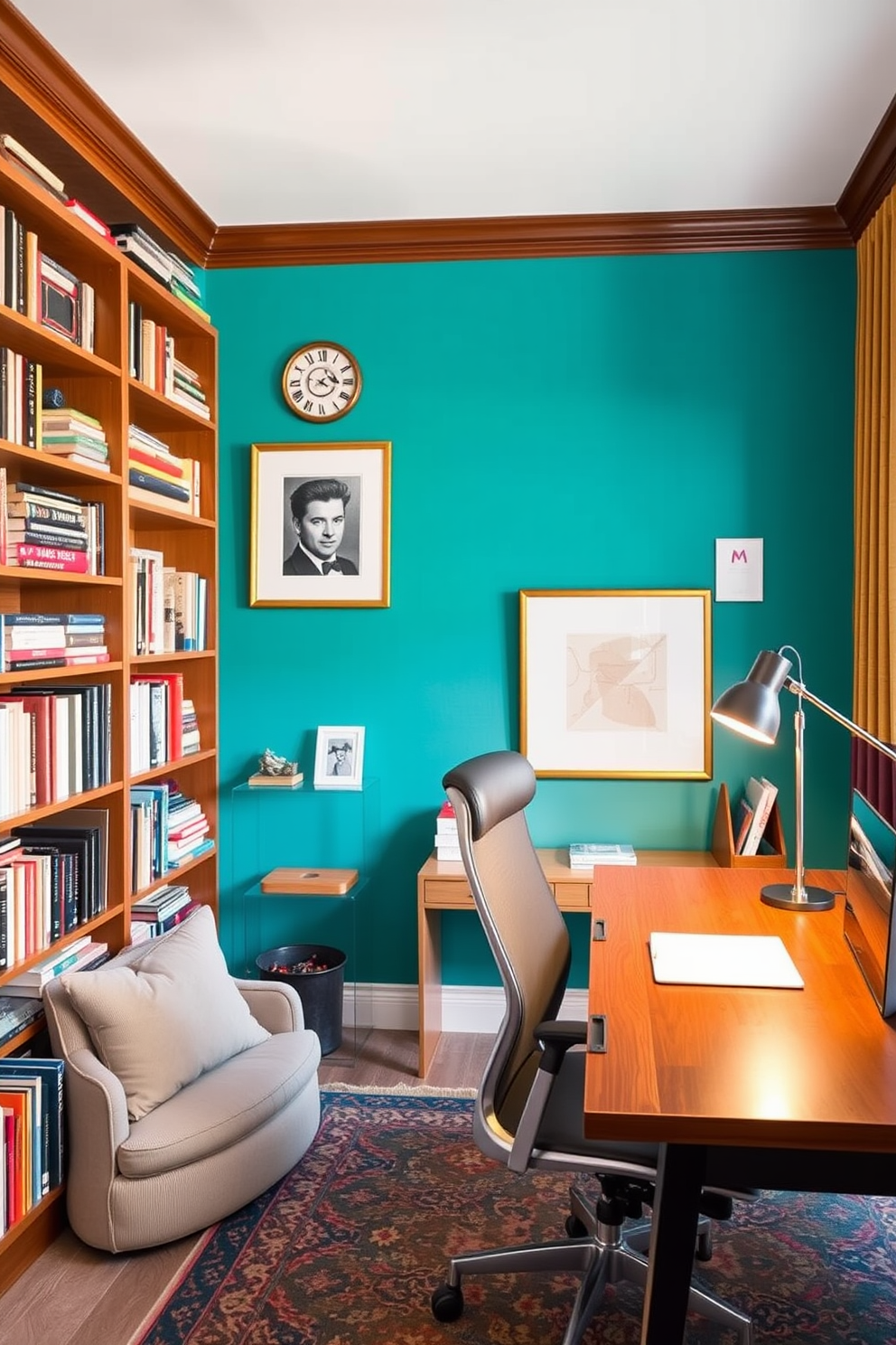 A vibrant home library featuring a colorful accent wall painted in a bold teal hue. The shelves are filled with an eclectic mix of books and decorative items, while a cozy reading nook with a plush armchair invites relaxation. In the study area, a sleek wooden desk is positioned against the accent wall, complemented by a stylish ergonomic chair. Warm lighting from a modern desk lamp enhances the creative atmosphere, making it an ideal space for inspiration and focus.