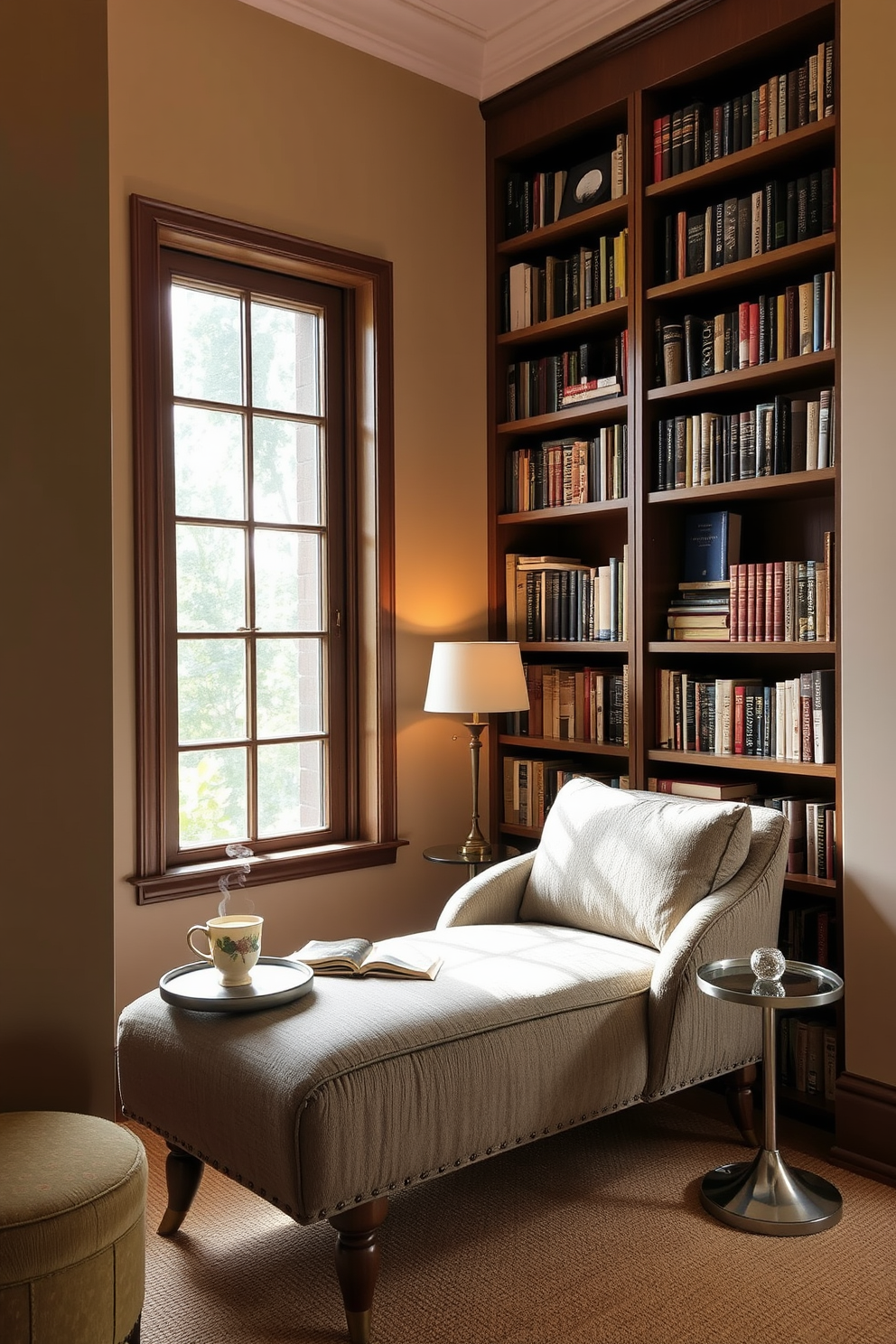 A quiet corner features a plush chaise lounge in a soft fabric, positioned near a large window that lets in natural light. Surrounding the lounge are tall bookshelves filled with a curated selection of books, creating a cozy and inviting atmosphere. The walls are painted in a warm, neutral tone that complements the rich wood tones of the furniture. A small side table next to the chaise lounge holds a steaming cup of tea and a decorative lamp, enhancing the serene study environment.