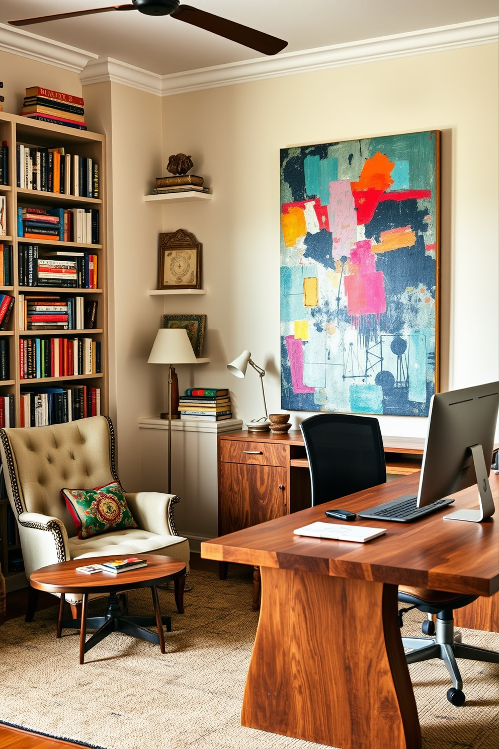 Eclectic decor featuring a vibrant mix of media art adorns the walls of a cozy home library. A large bookshelf filled with colorful books complements a plush reading nook with a vintage armchair and a unique coffee table. The study area includes a sleek desk made of reclaimed wood paired with an ergonomic chair. An oversized abstract painting hangs above the desk, adding a pop of color to the serene atmosphere.