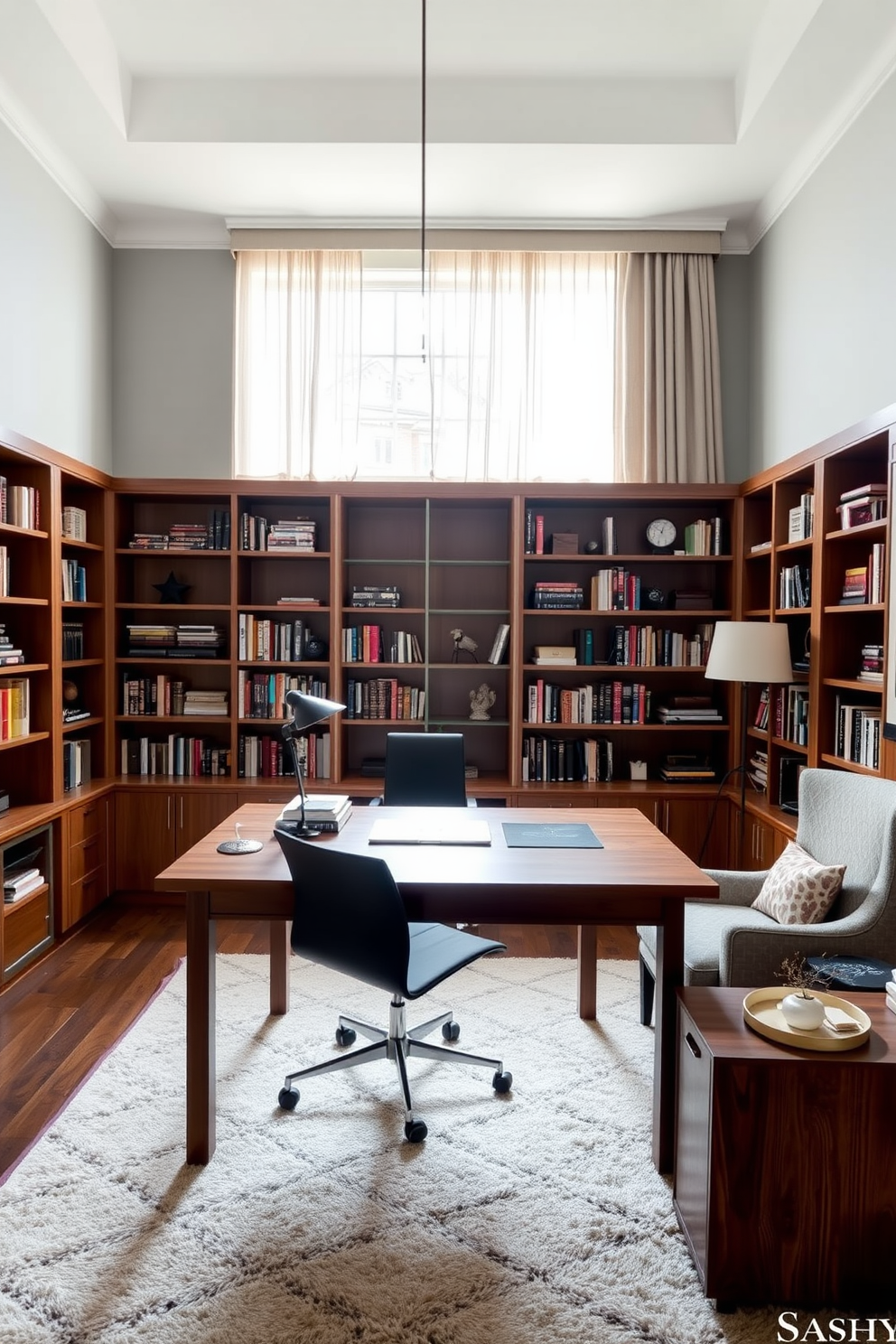 A stylish home office features a large wooden desk with a sleek black chair positioned in front of a wall of built-in bookshelves filled with an array of books and decorative items. Soft, natural light pours in through a large window adorned with sheer curtains, creating a warm and inviting atmosphere for work and study. The walls are painted in a calming light gray, complemented by a plush area rug beneath the desk. A comfortable reading nook with a cozy armchair and a small side table sits in one corner, providing a perfect spot for relaxation and inspiration.