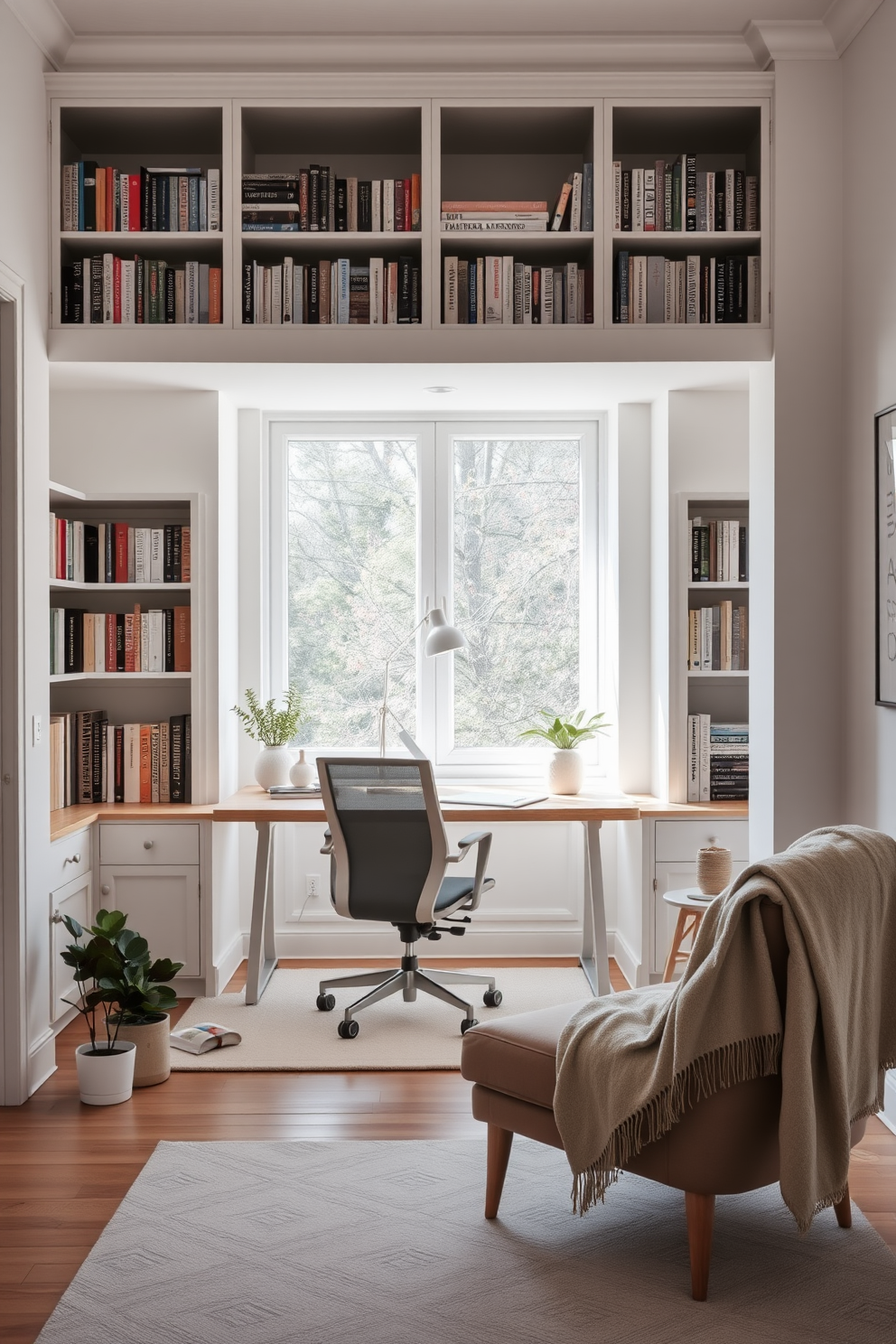 Chic Scandinavian design with light tones features a cozy home library with a built-in bookshelf filled with books. A large window allows natural light to flood the space, highlighting a soft area rug beneath a sleek wooden desk. The desk is paired with a comfortable ergonomic chair in a muted color. Decorative plants in minimalist pots add a touch of greenery, while a warm throw blanket drapes over a stylish armchair in the corner.