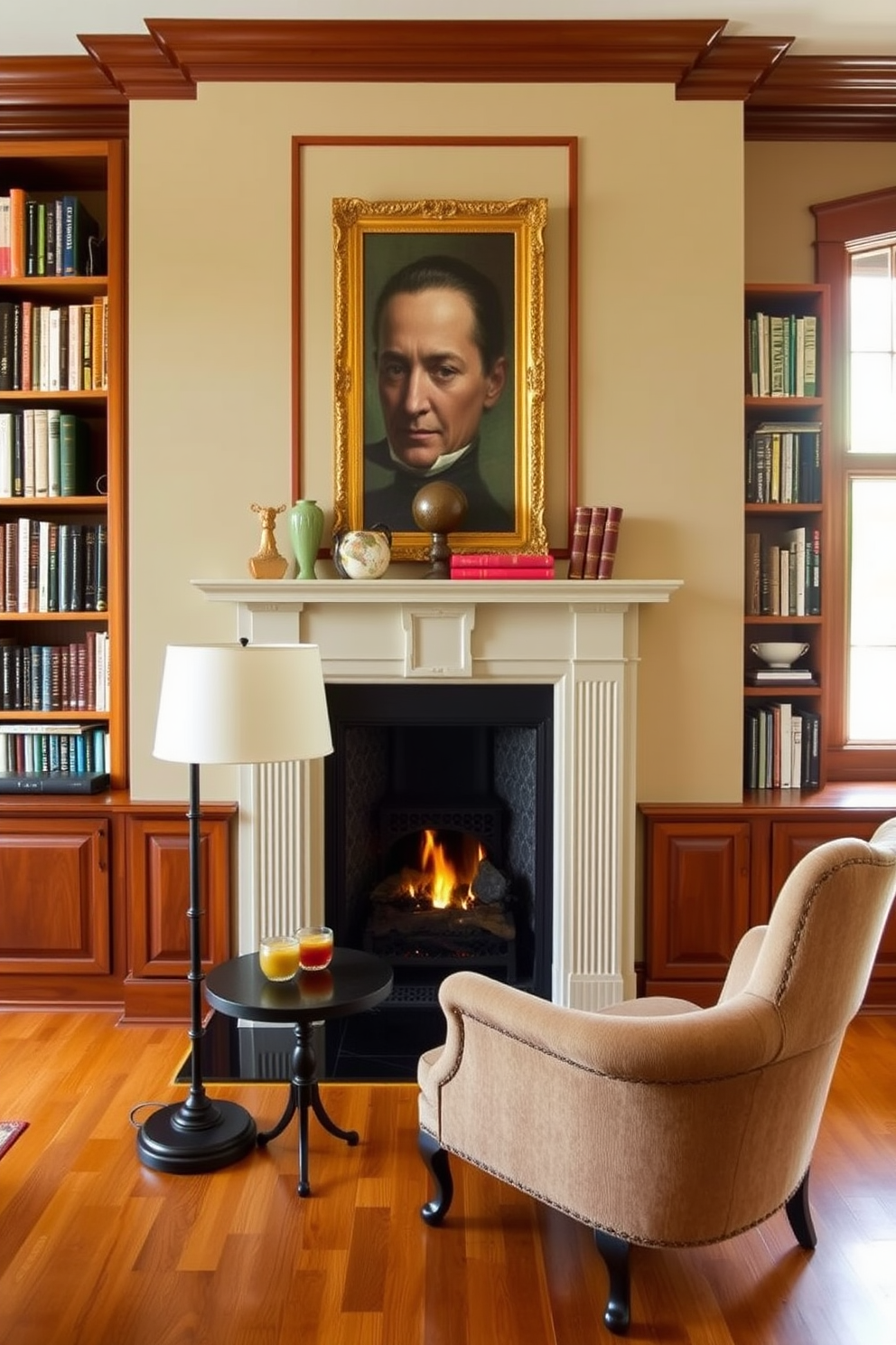 A warm and inviting home library features a cozy fireplace as the focal point. Rich wooden bookshelves line the walls, filled with an array of books and decorative accents. A plush armchair is positioned near the fireplace, accompanied by a small side table for drinks. Soft lighting from a stylish floor lamp creates a relaxed atmosphere perfect for reading.