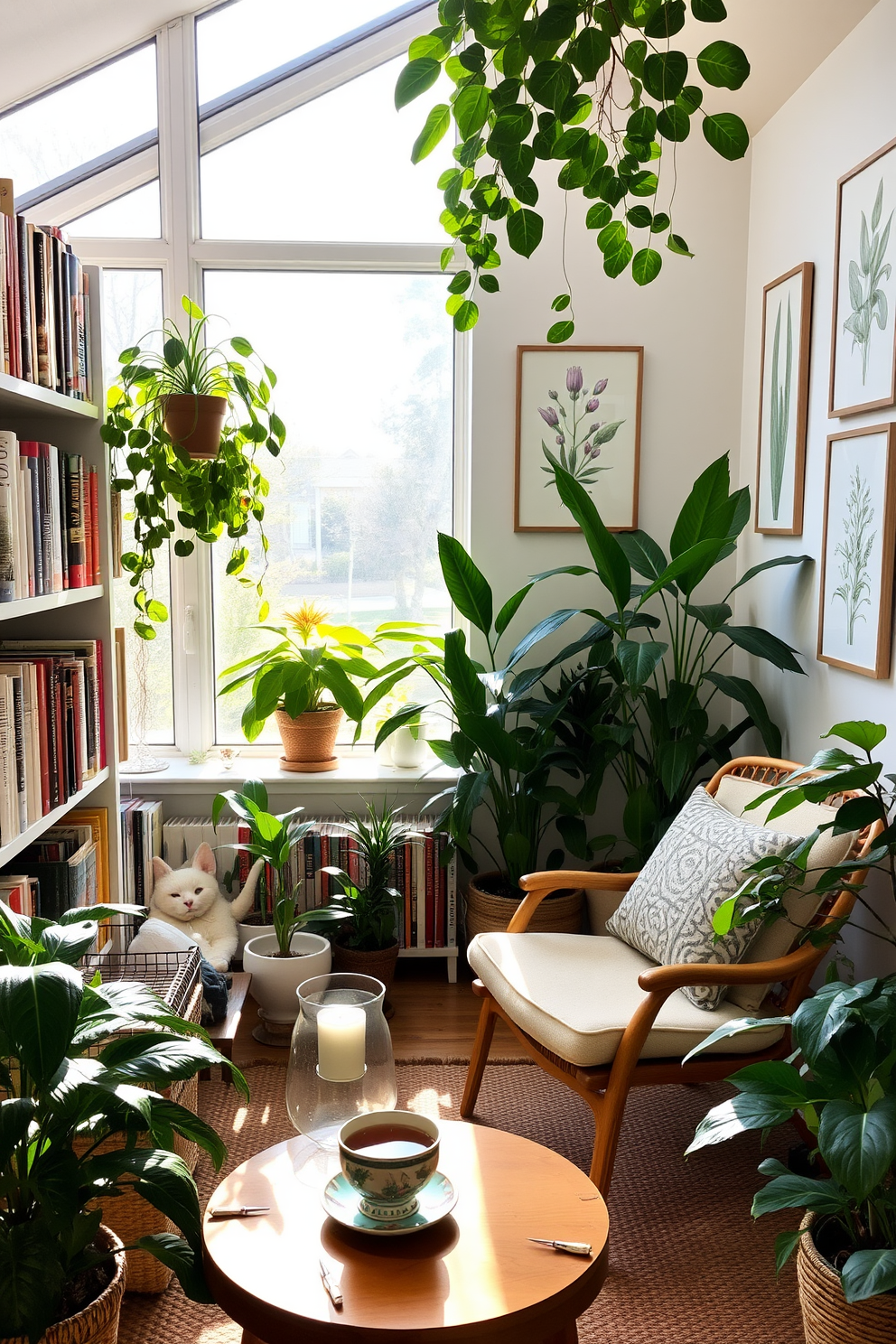 A sunroom library filled with natural light and lush indoor plants. Shelves lined with books create a cozy atmosphere, while a comfortable reading chair is positioned beside a large window. The walls are adorned with botanical prints, enhancing the serene vibe of the space. A small wooden table holds a steaming cup of tea, inviting relaxation and contemplation.