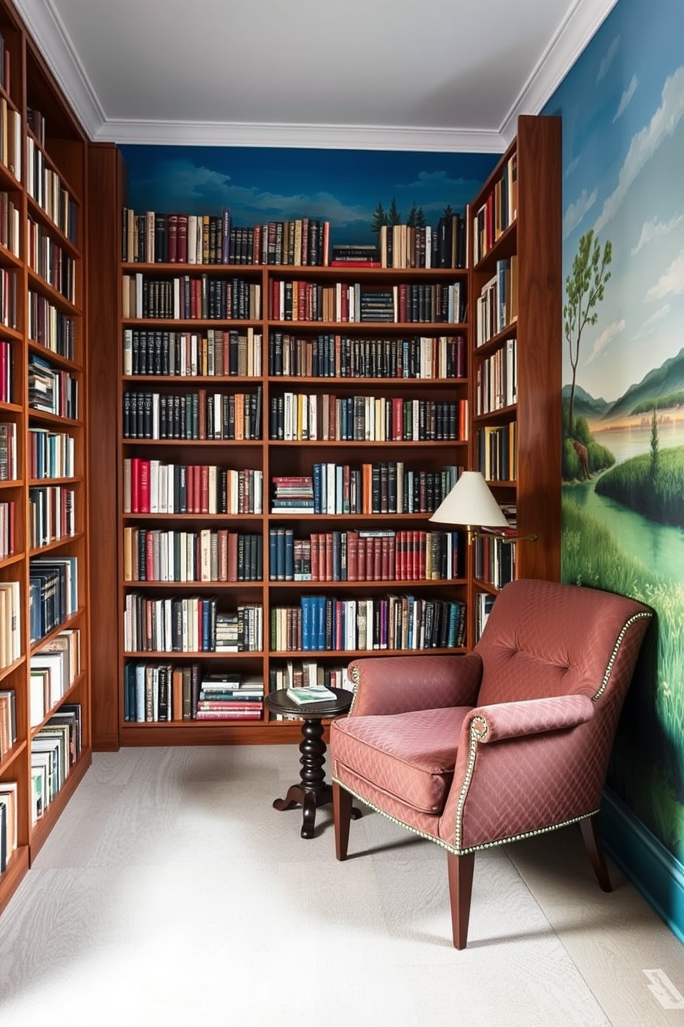 Artistic mural as a backdrop for books in a cozy home library. The walls are adorned with a vibrant mural depicting a serene landscape, creating an inviting atmosphere for reading and study. A large wooden bookshelf spans one wall, filled with an eclectic collection of books. A comfortable armchair in a rich fabric sits in the corner, accompanied by a small side table for drinks or notes.