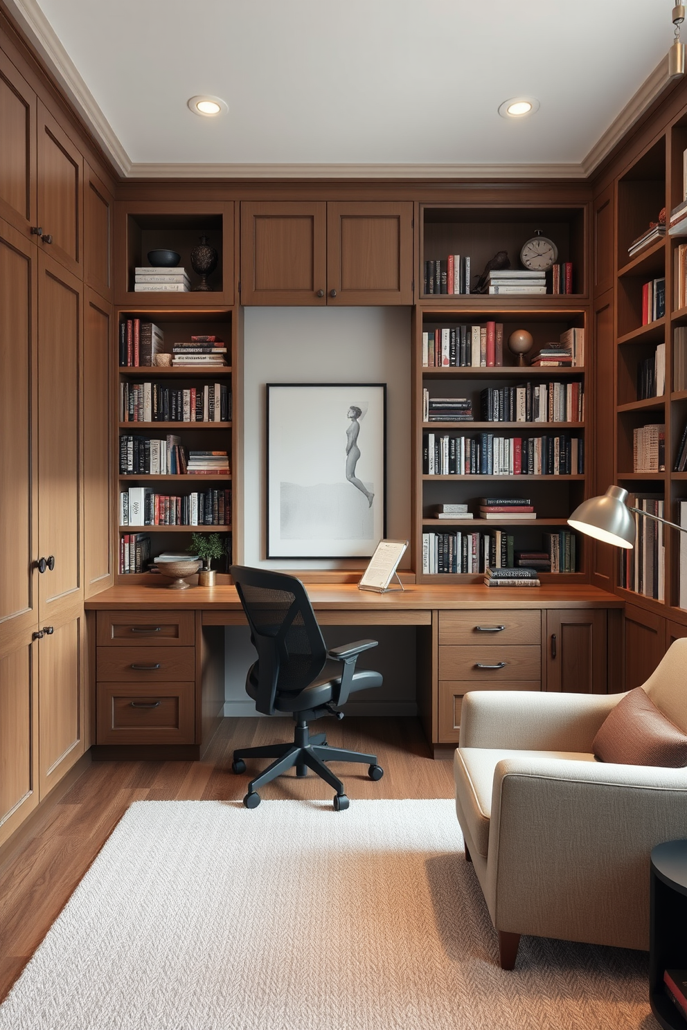 A functional workspace with ample storage features a large wooden desk positioned against a wall lined with built-in shelves. The shelves are filled with books and decorative items, while a comfortable ergonomic chair complements the desk. The home library study design includes a cozy reading nook with a plush armchair and a small side table. Soft lighting from a stylish floor lamp creates an inviting atmosphere, perfect for enjoying a good book.