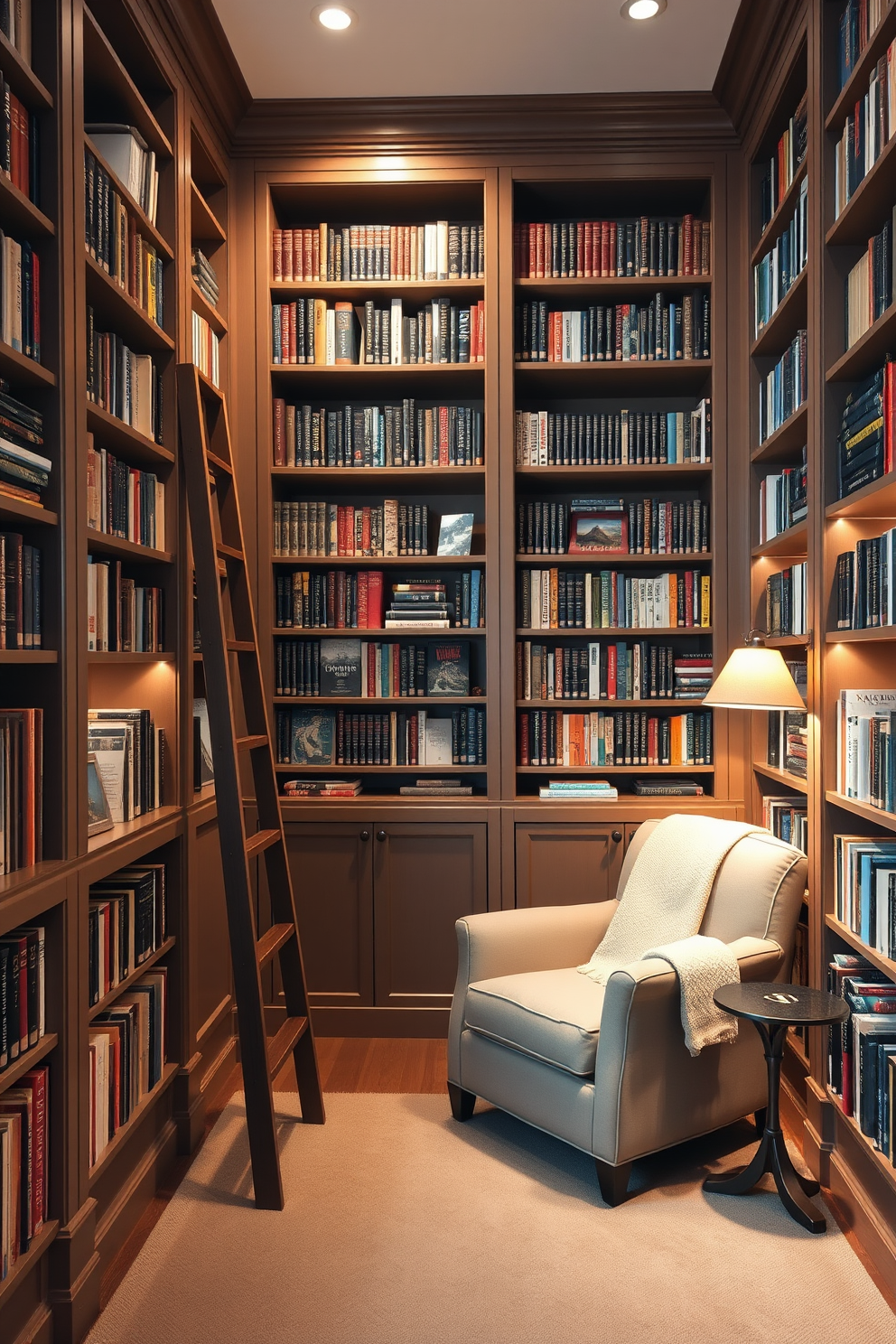 A cozy home library featuring built-in bookshelves that stretch from floor to ceiling. A stylish wooden ladder leans against the shelves, providing easy access to the books. The room is illuminated by warm lighting that creates an inviting atmosphere. A plush armchair sits in the corner, accompanied by a small side table and a soft throw blanket.