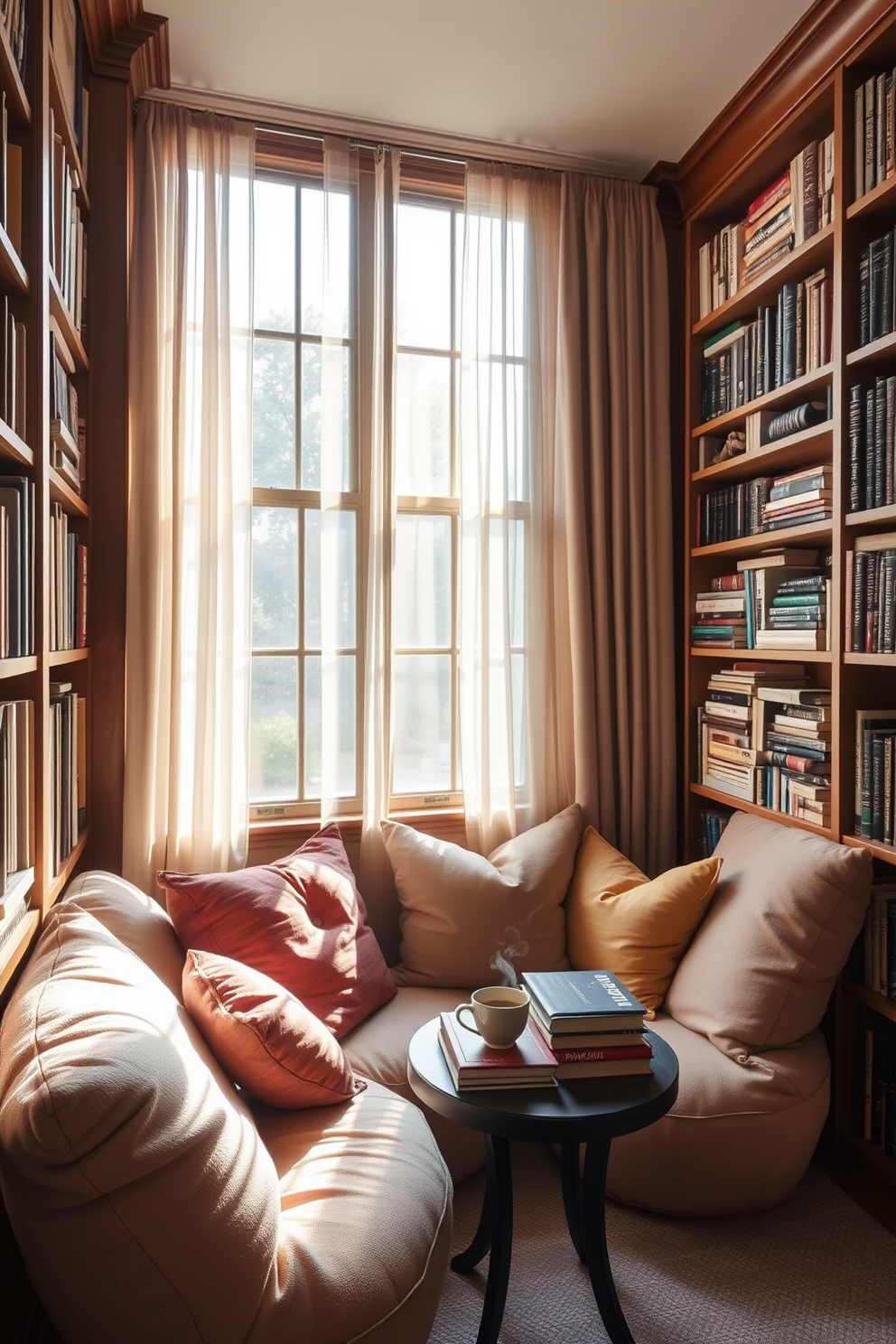 An intimate reading alcove featuring plush, oversized cushions in soft, inviting fabrics. The nook is surrounded by tall bookshelves filled with an eclectic mix of books and decorative items, creating a cozy and inspiring atmosphere. Natural light filters in through a large window adorned with sheer curtains, casting a warm glow over the space. A small, round side table holds a steaming cup of tea and a stack of well-loved novels, enhancing the tranquil vibe of the home library.