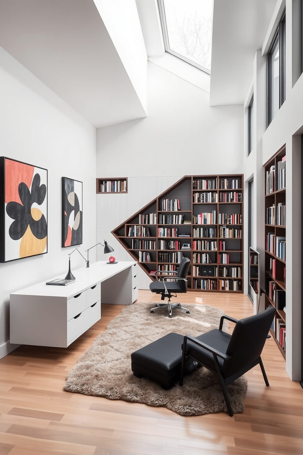 A contemporary home library study features sleek geometric shapes and clean lines. The space includes a large angular bookshelf filled with books, paired with a minimalist desk and an ergonomic chair. The walls are adorned with abstract art that echoes the geometric theme, while a plush area rug adds warmth to the room. Large windows allow natural light to flood in, highlighting the modern decor and creating an inviting atmosphere.