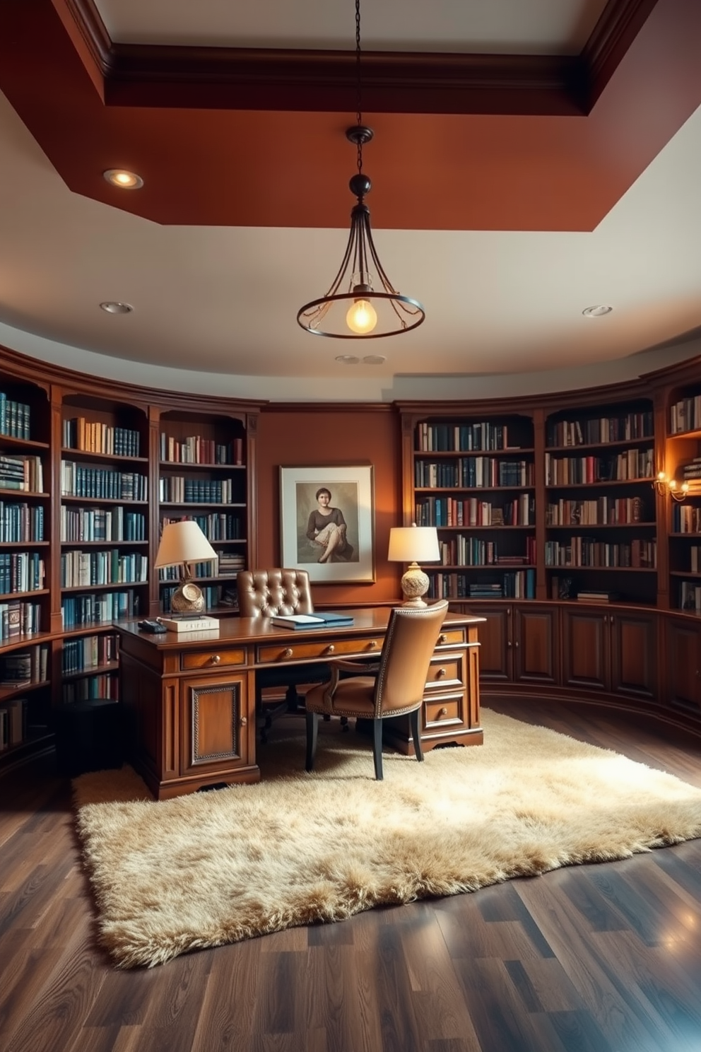 A cozy home library study featuring layered lighting that creates a warm and inviting atmosphere. The space includes a large wooden desk with a comfortable leather chair and bookshelves filled with an extensive collection of books. Soft pendant lights hang from the ceiling, complemented by table lamps on the desk and shelves. Rich, warm colors adorn the walls, and a plush area rug lies beneath the desk, enhancing the overall comfort of the room.