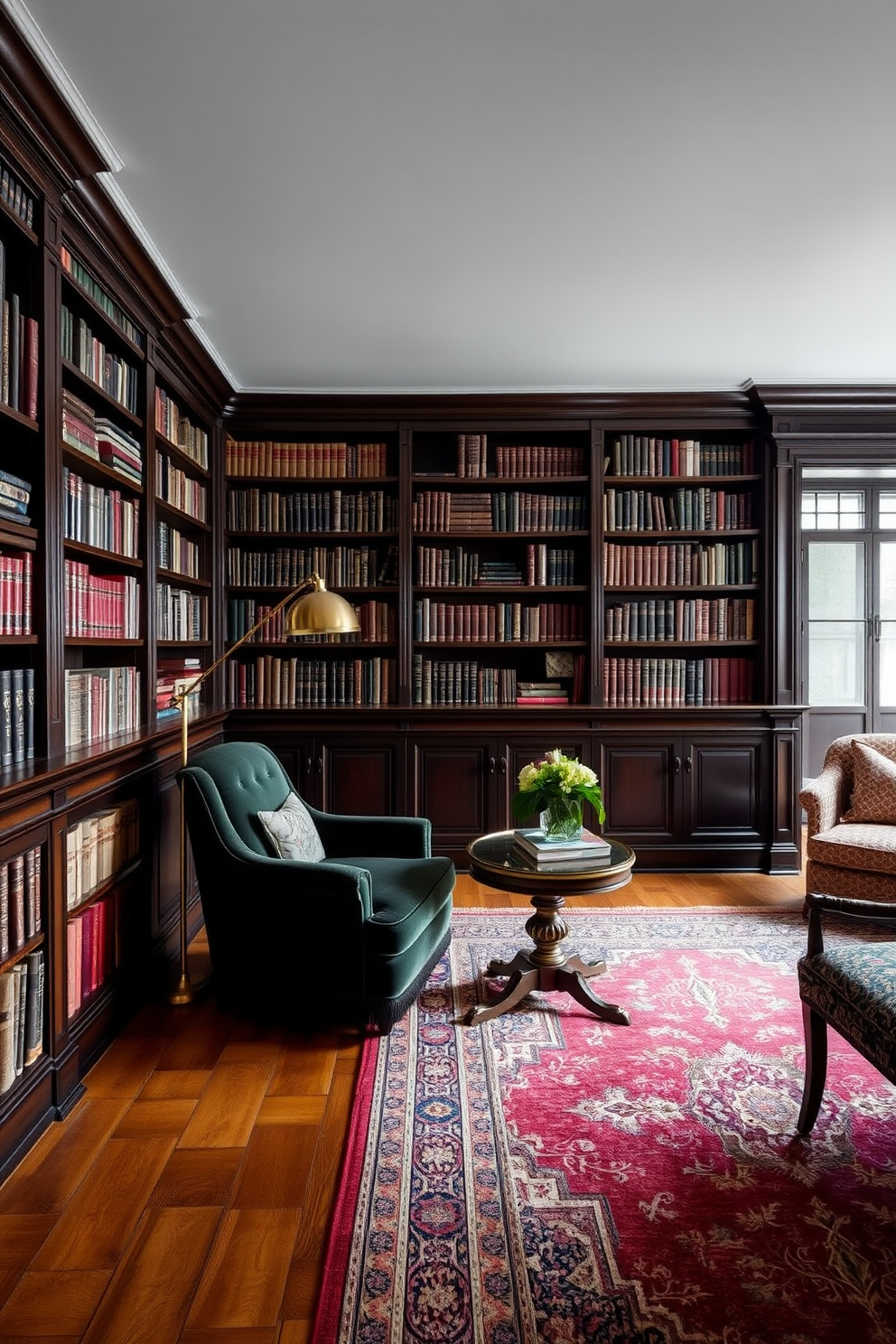 A classic home library with rich fabrics and textures. The walls are adorned with dark wood bookshelves filled with books, and a plush velvet armchair is positioned next to a small round table. The room features a large ornate rug that adds warmth to the hardwood floor. A brass floor lamp stands in the corner, illuminating the space with a soft glow.