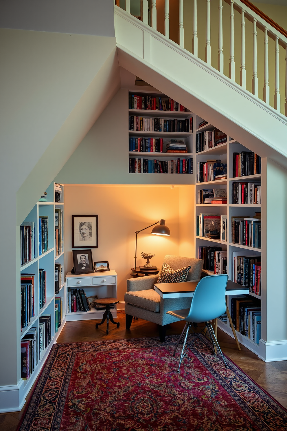 A cozy home library tucked under the stairs features built-in bookshelves that stretch from floor to ceiling, showcasing an array of books and decorative items. A comfortable reading nook is created with a plush armchair and a small side table, illuminated by warm lighting from a stylish floor lamp. The walls are painted in a soft, inviting color, enhancing the overall warmth of the space. A rich, textured rug anchors the area, while a small desk with a sleek design offers a perfect spot for study or work, completing this functional yet aesthetic study design.